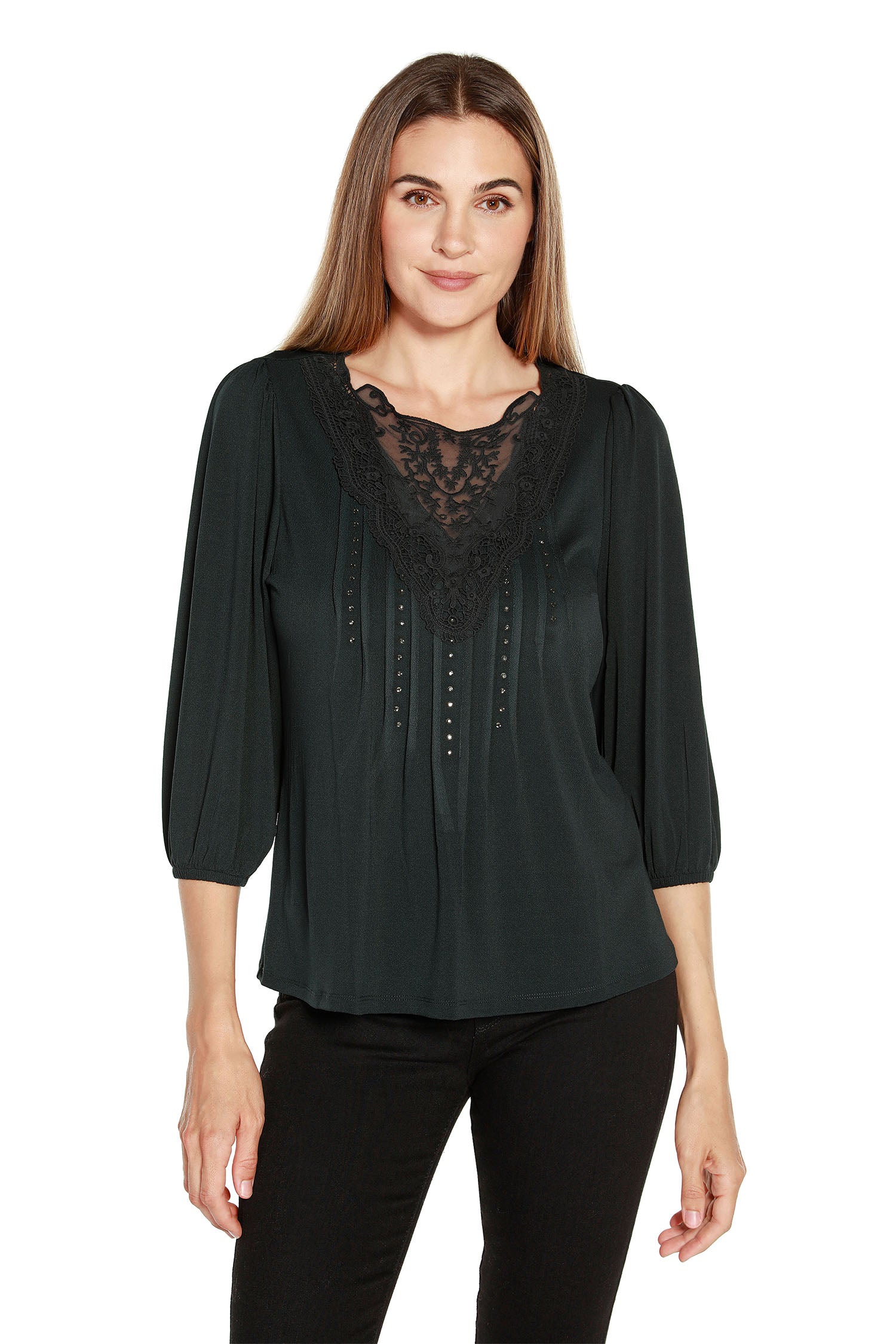 Women's Loose Fit Pullover Blouse with Delicate Lace Insets