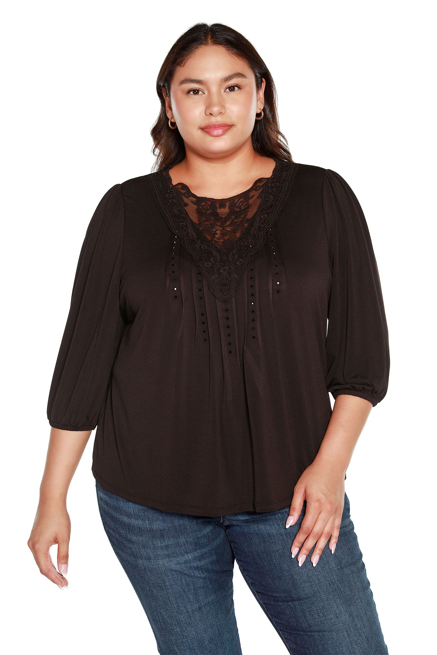 Women's Loose Fit Pullover Blouse with Delicate Lace Insets | Curvy