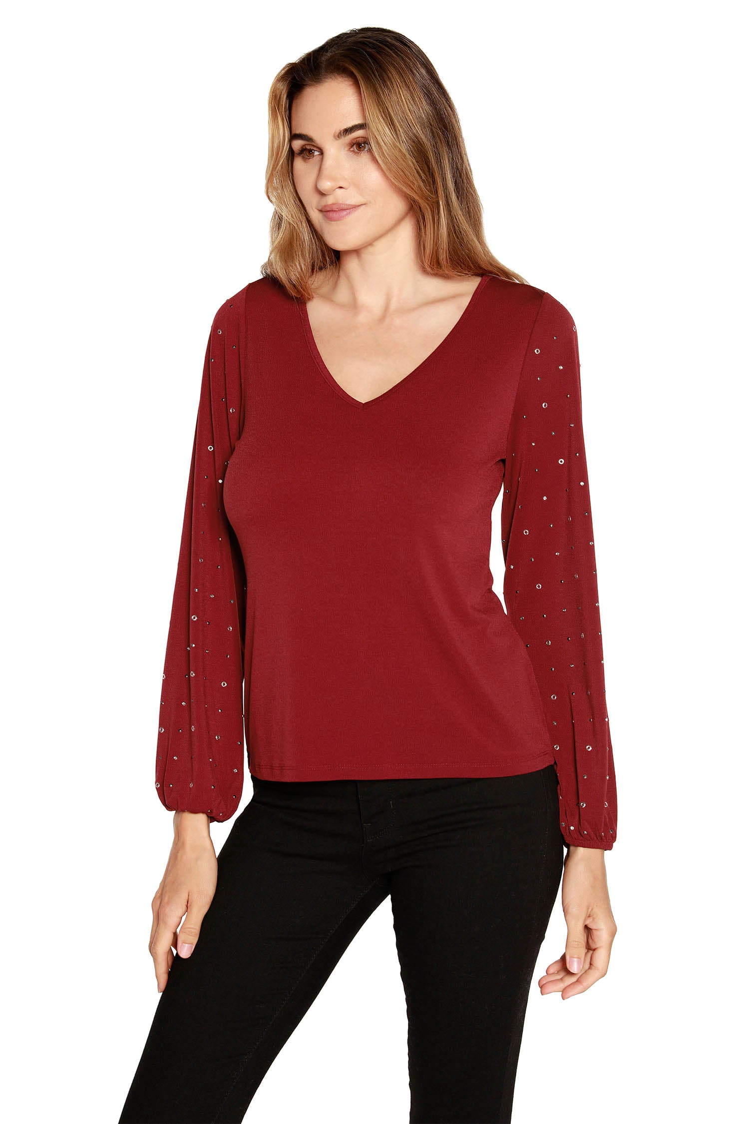 Women's V-neck Knit Blouse with Rhinestones and Grommet Statement Sleeves