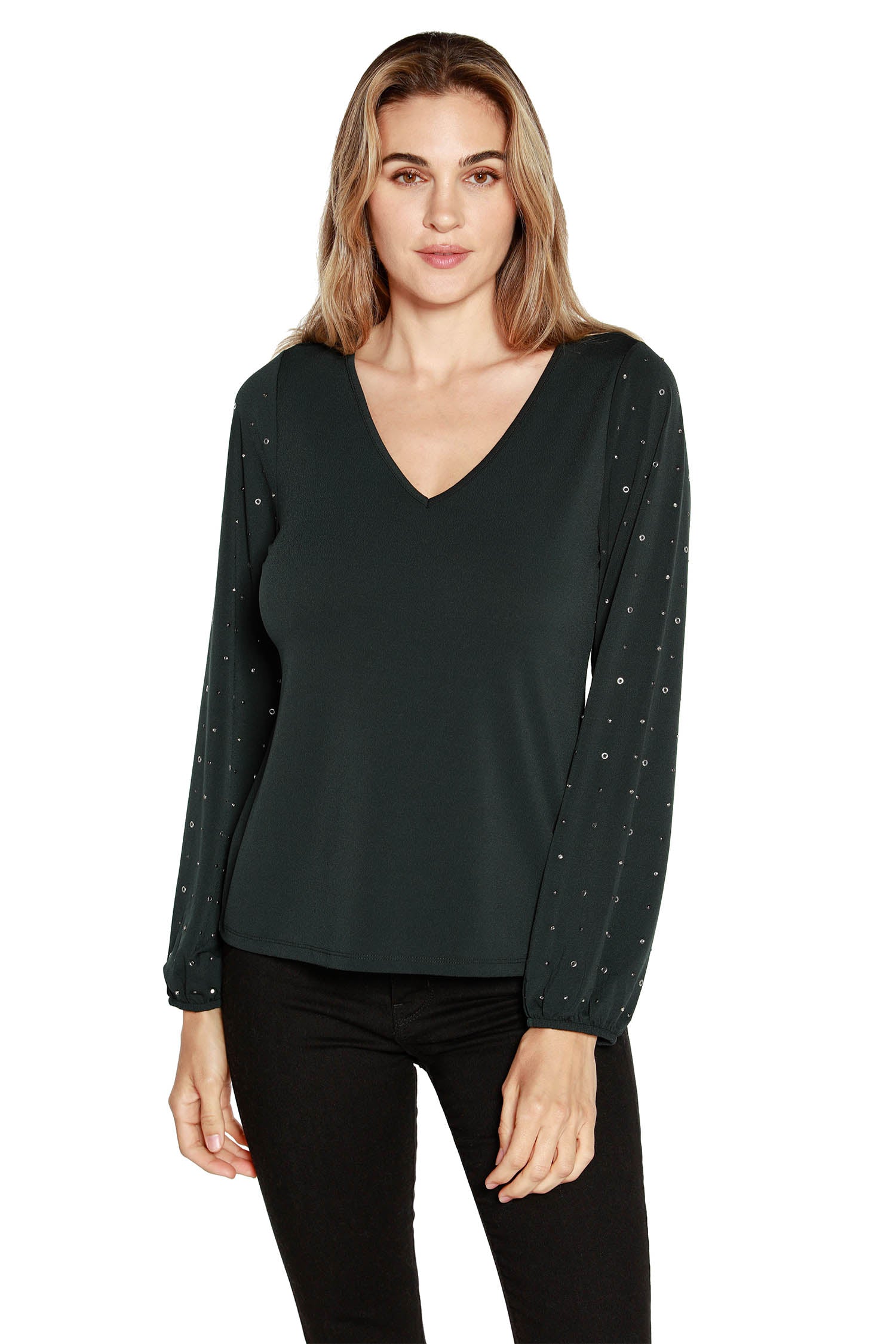 Women's V-neck Knit Blouse with Rhinestones and Grommet Statement Sleeves