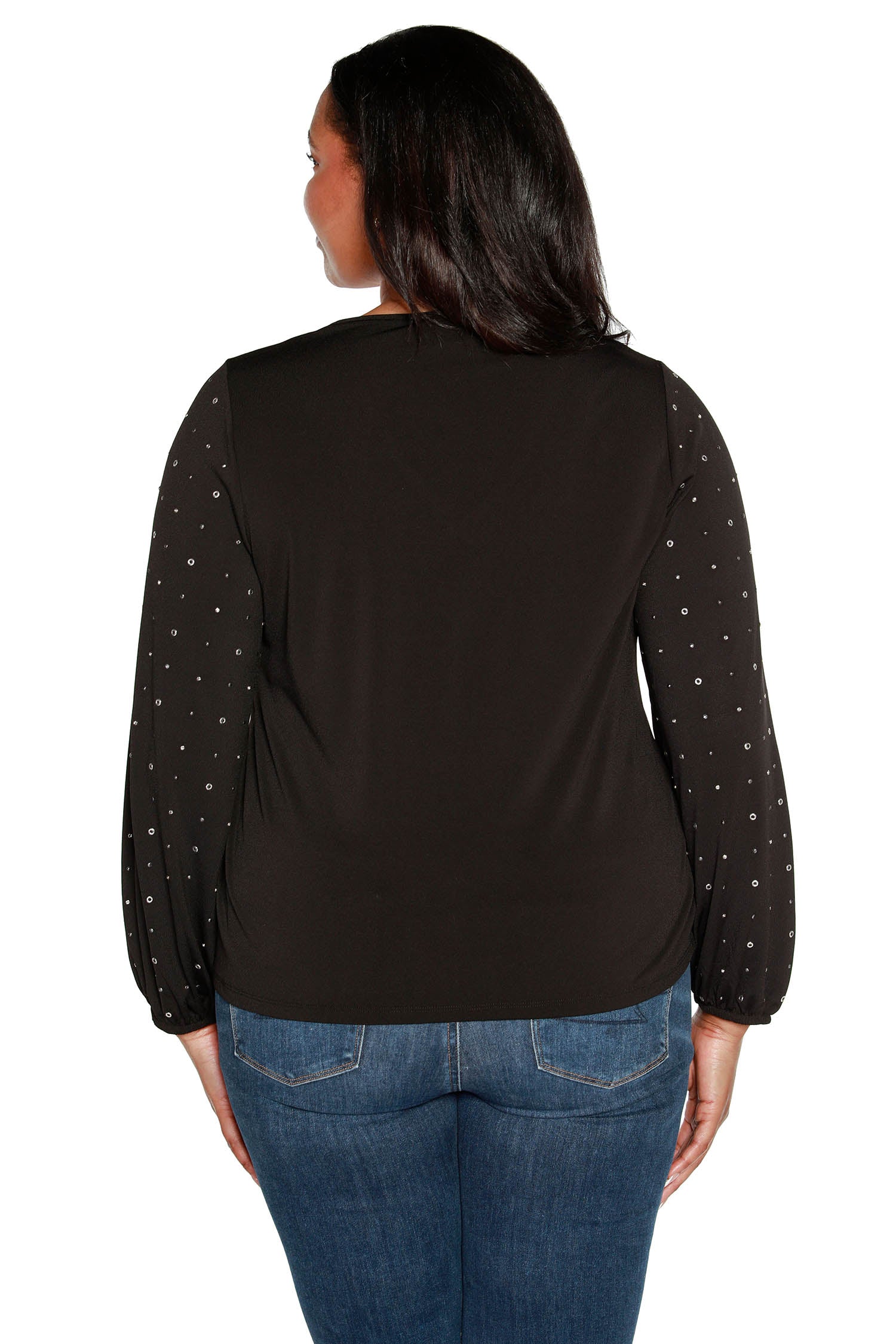Women's V-neck Knit Blouse with Rhinestone and Grommet Statement Sleeves | Curvy