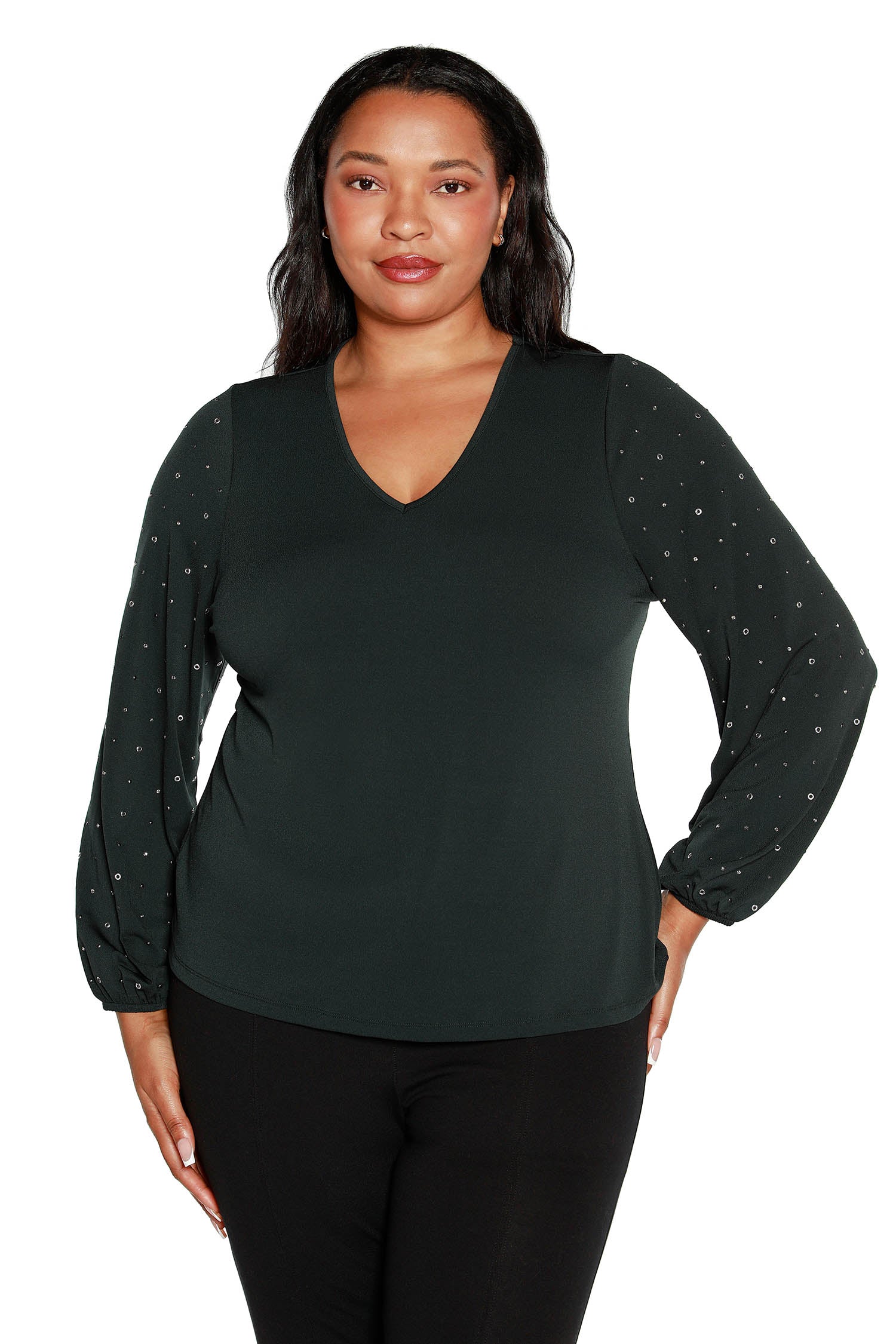 Women's V-neck Knit Blouse with Rhinestone and Grommet Statement Sleeves | Curvy