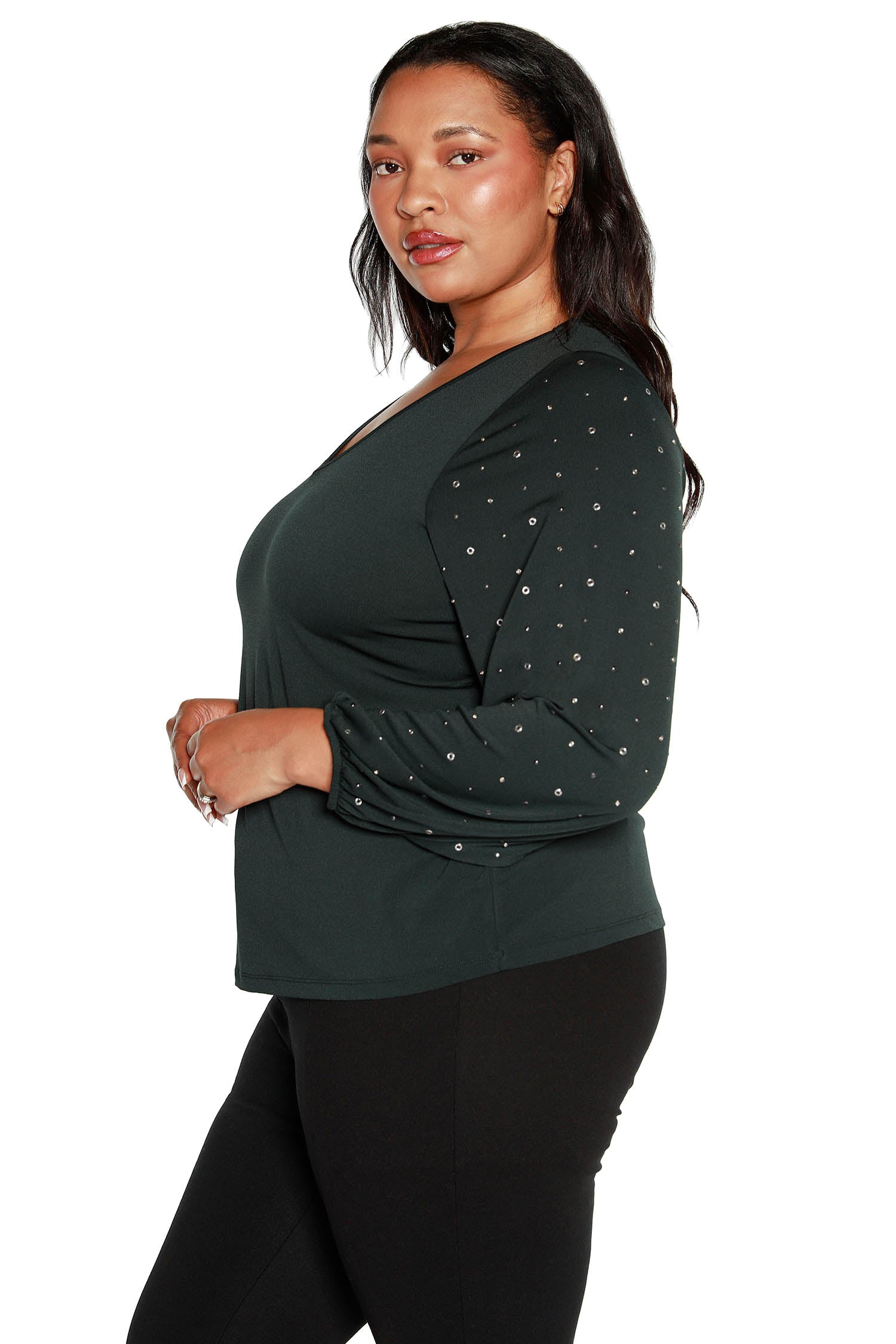 Women's V-neck Knit Blouse with Rhinestone and Grommet Statement Sleeves | Curvy