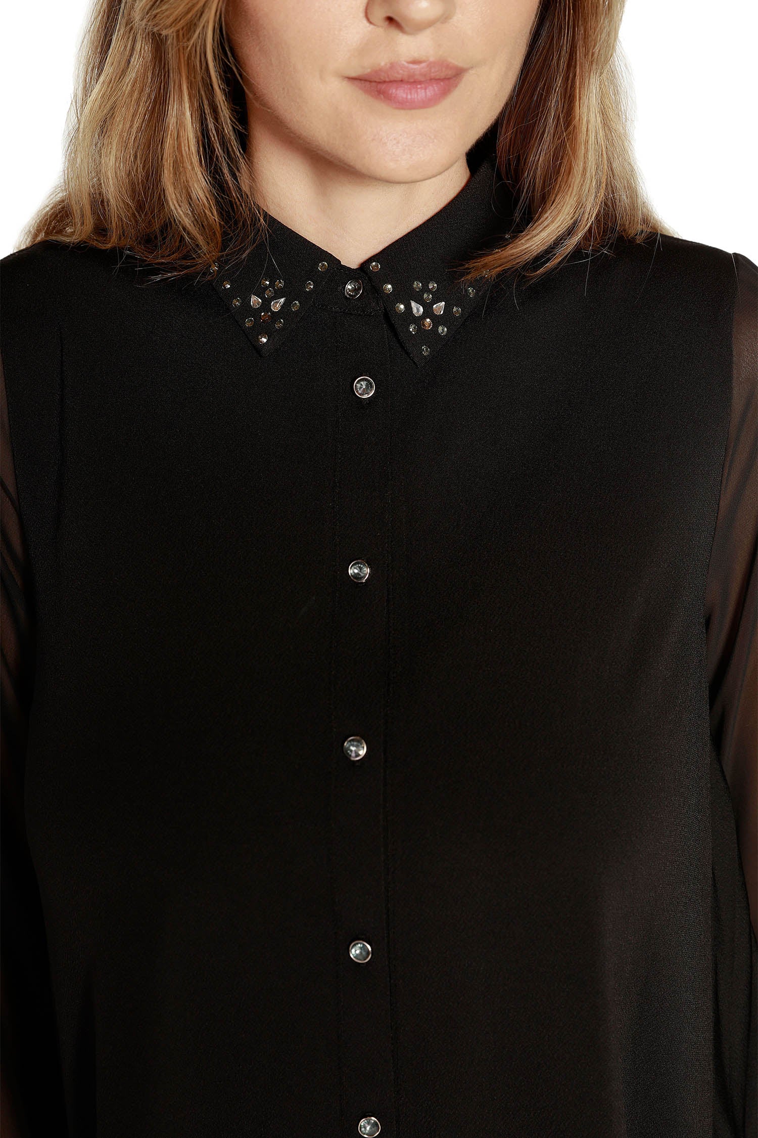 Blusa delantera con botones para mujer, mangas de gasa plisadas en la espalda y diamantes de imitación en el cuello