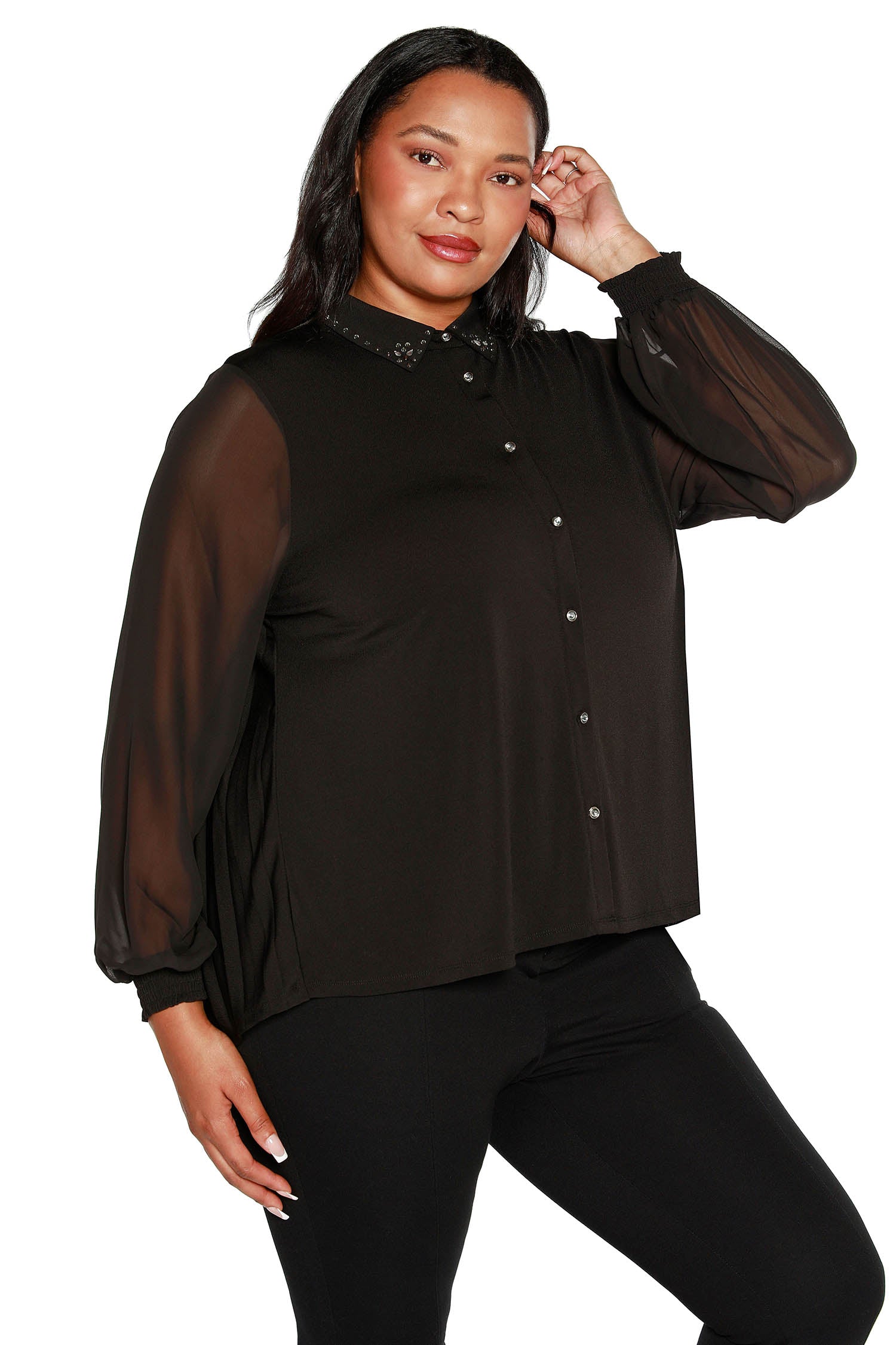 Womens Button Front Blouse with Pleated Back Chiffon Sleeves and Rhinestones on the Collar | Curvy