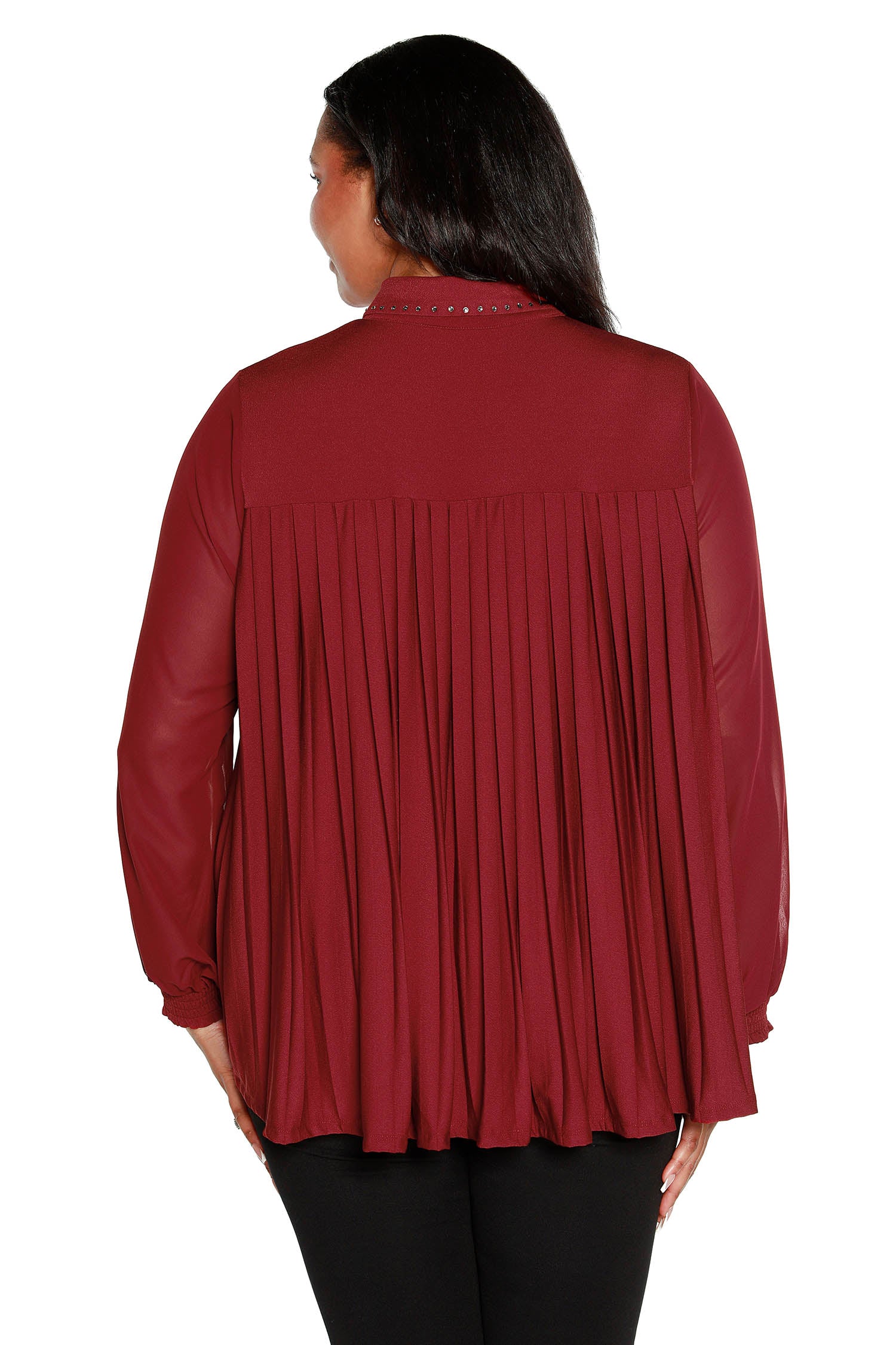 Womens Button Front Blouse with Pleated Back Chiffon Sleeves and Rhinestones on the Collar | Curvy