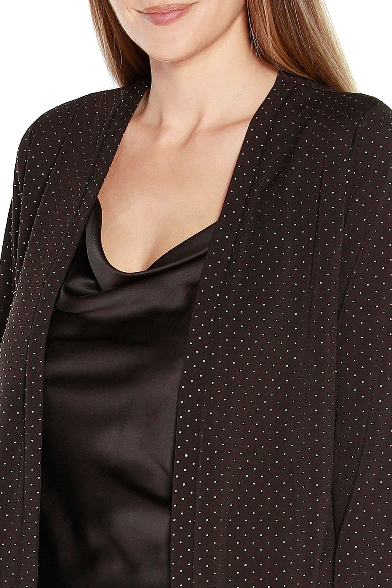 Women's Open Front Long Cardigan with Textured Metallic Dot Print