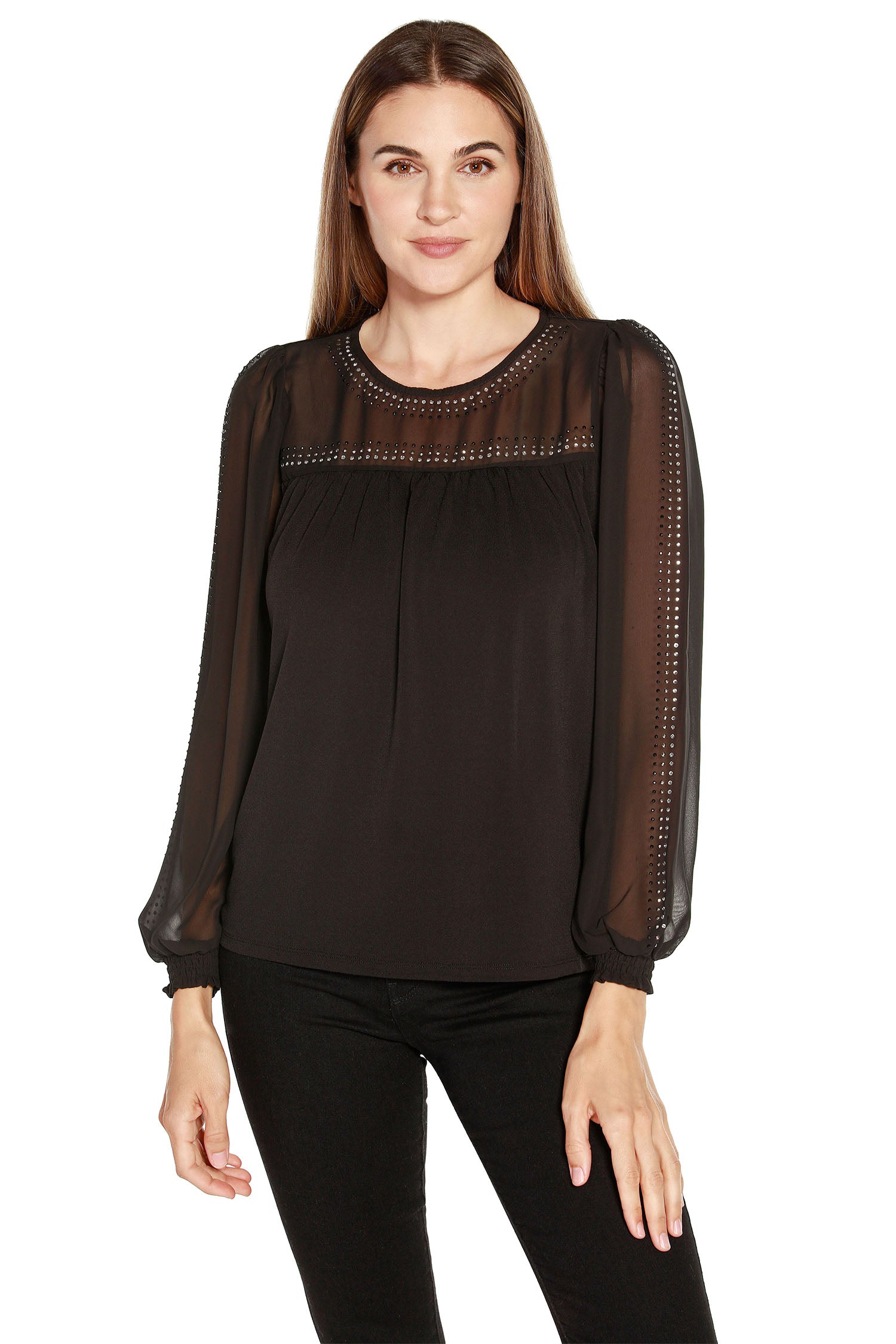 Women's Pullover Tunic with Sheer Yoke and Sleeves with Rhinestone Details