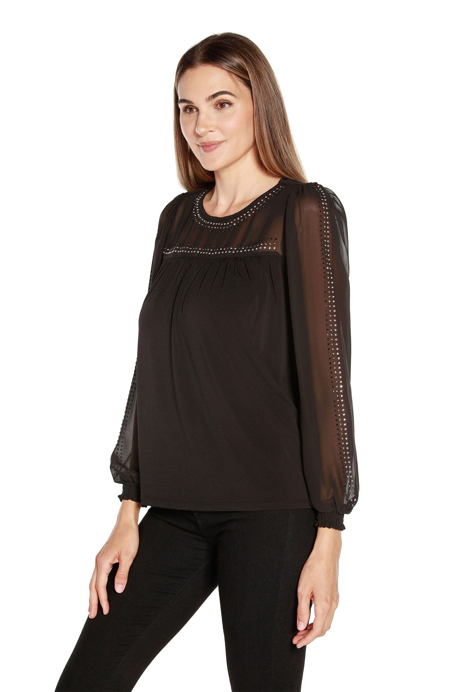 Women's Pullover Tunic with Sheer Yoke and Sleeves with Rhinestone Details