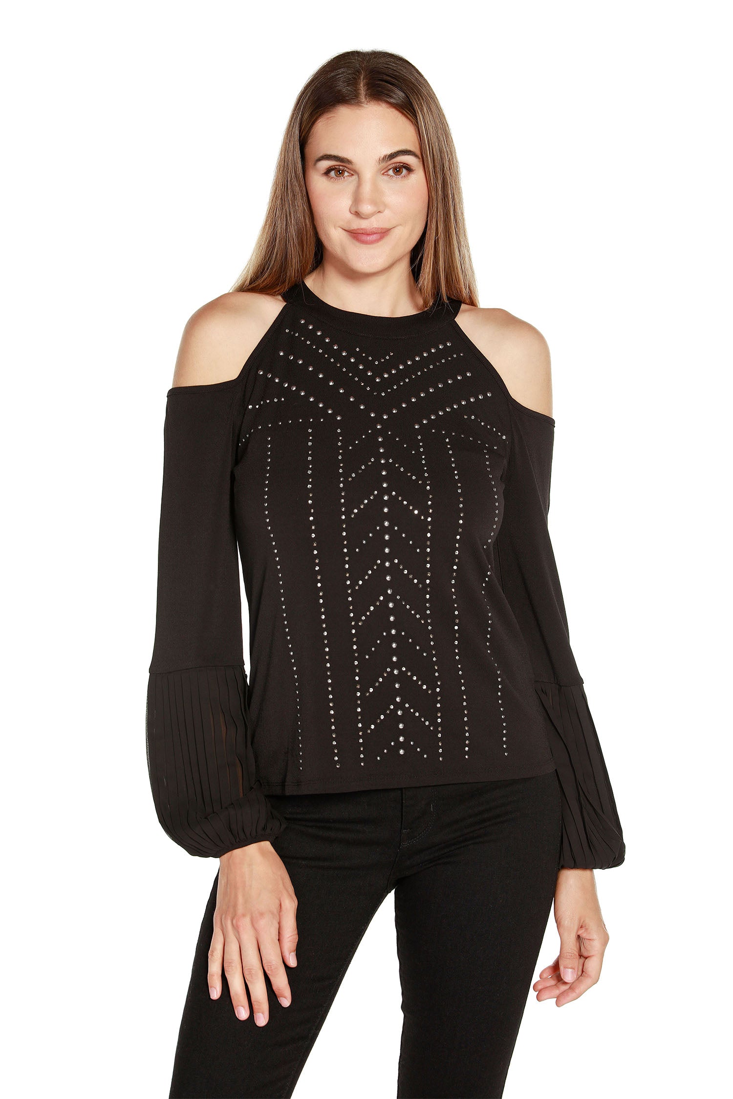 Women's Knit Cold Shoulder Top with Silver Nailhead and Rhinestone Design