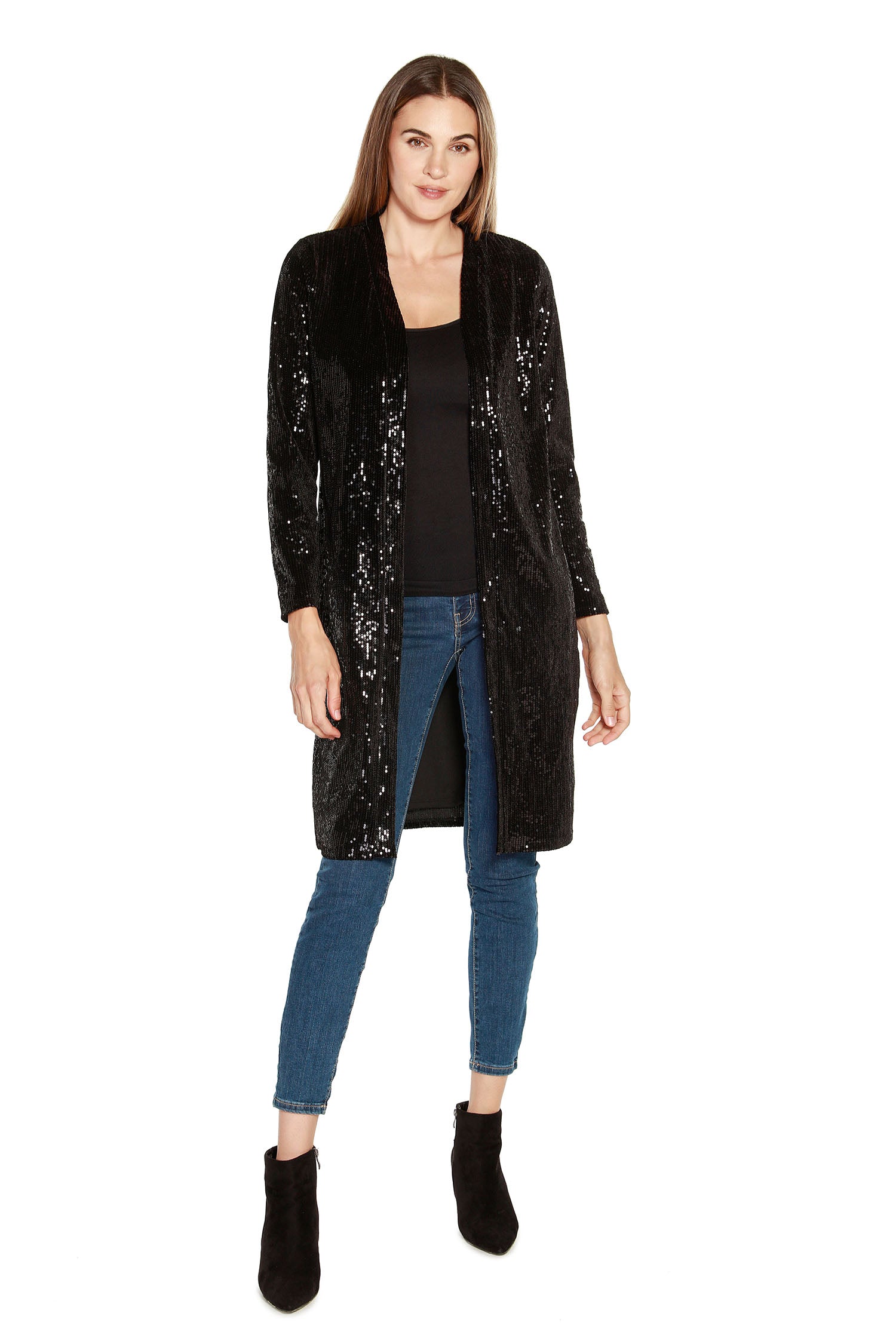 Women's Holiday Sequin Cardigan Open Front with Side Slits