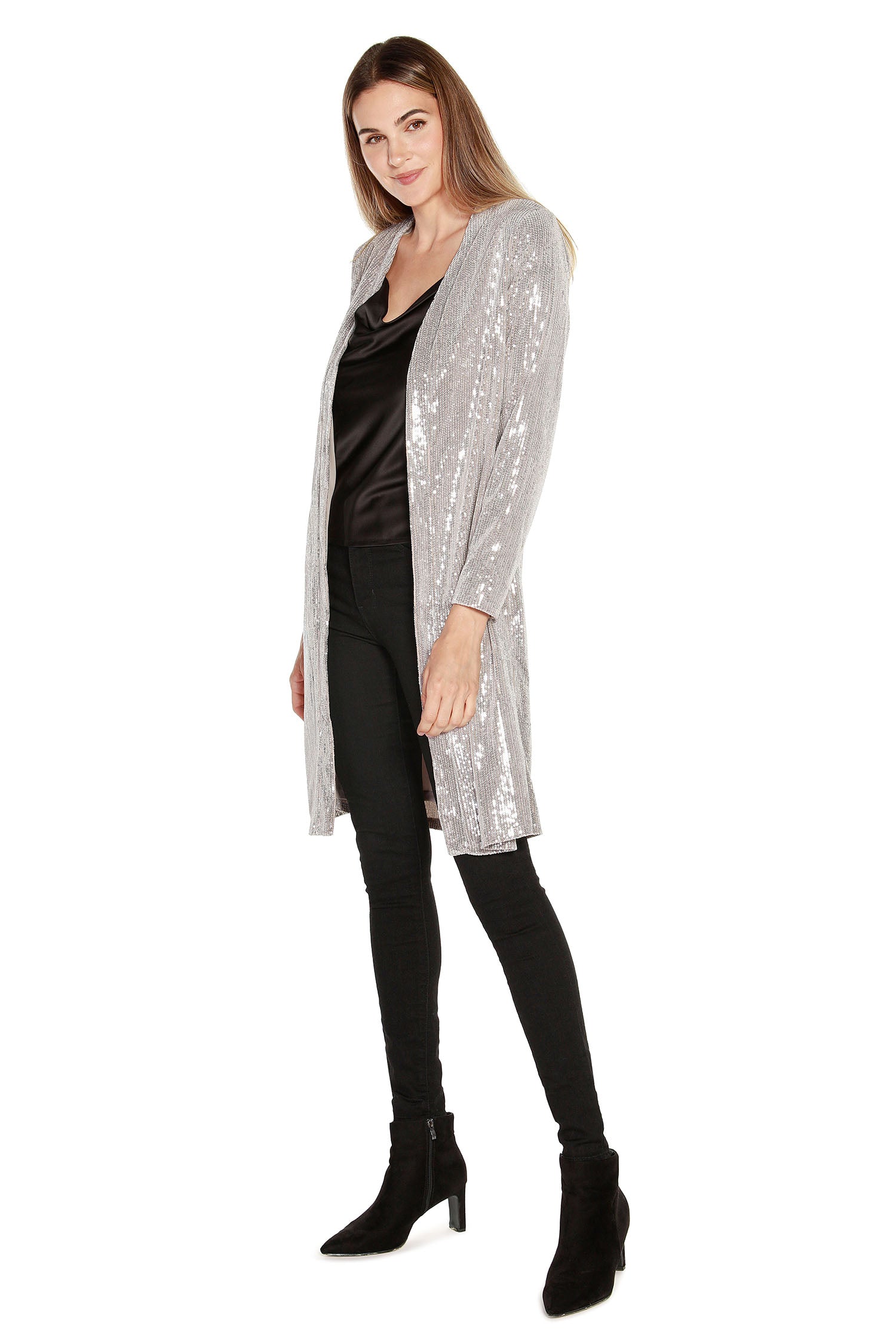 Women's Holiday Sequin Cardigan Open Front with Side Slits
