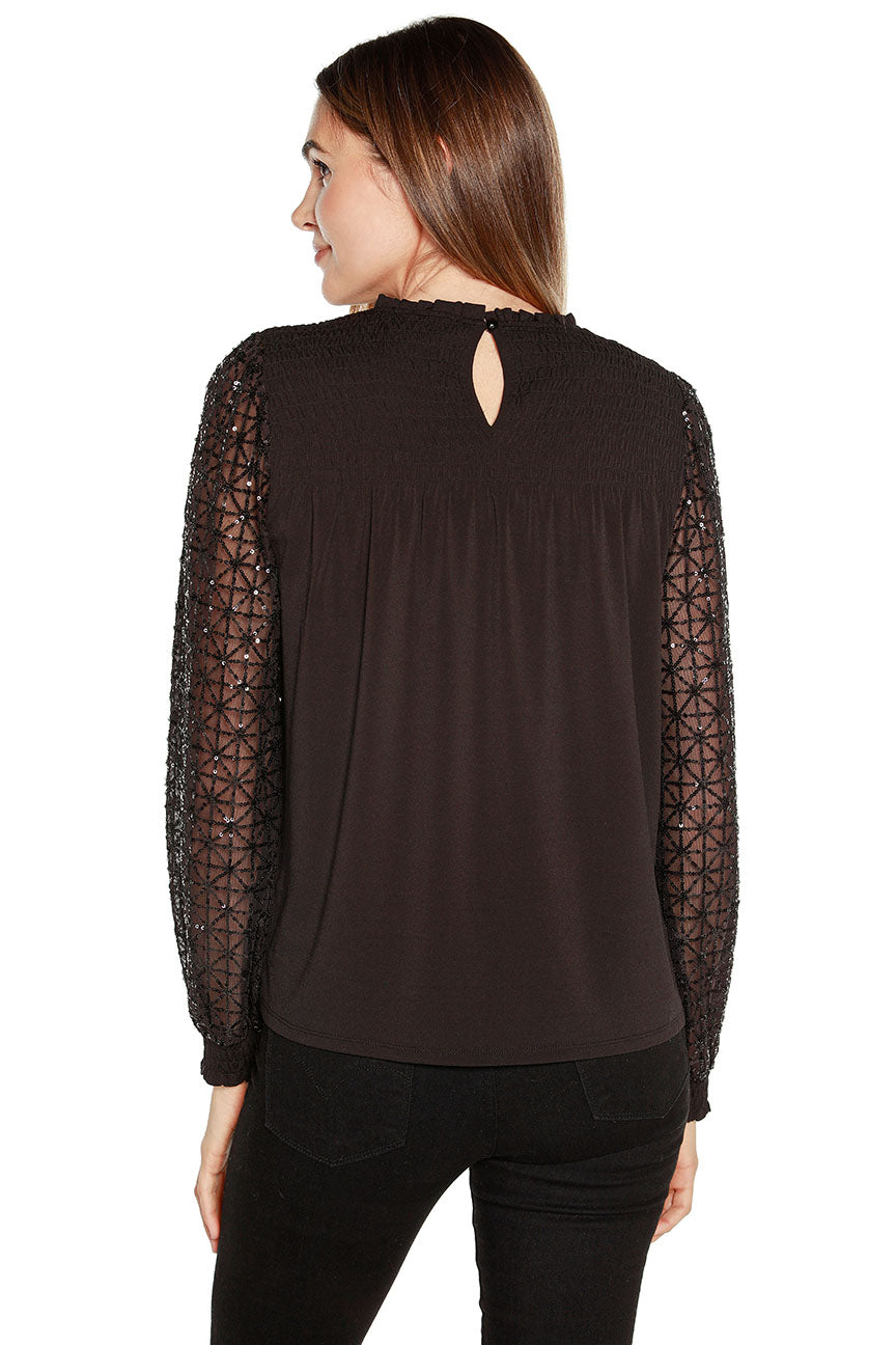 Women's Elegant Blouse with Sheer Sleeves Adorned with a Geometric Pattern of Sequins