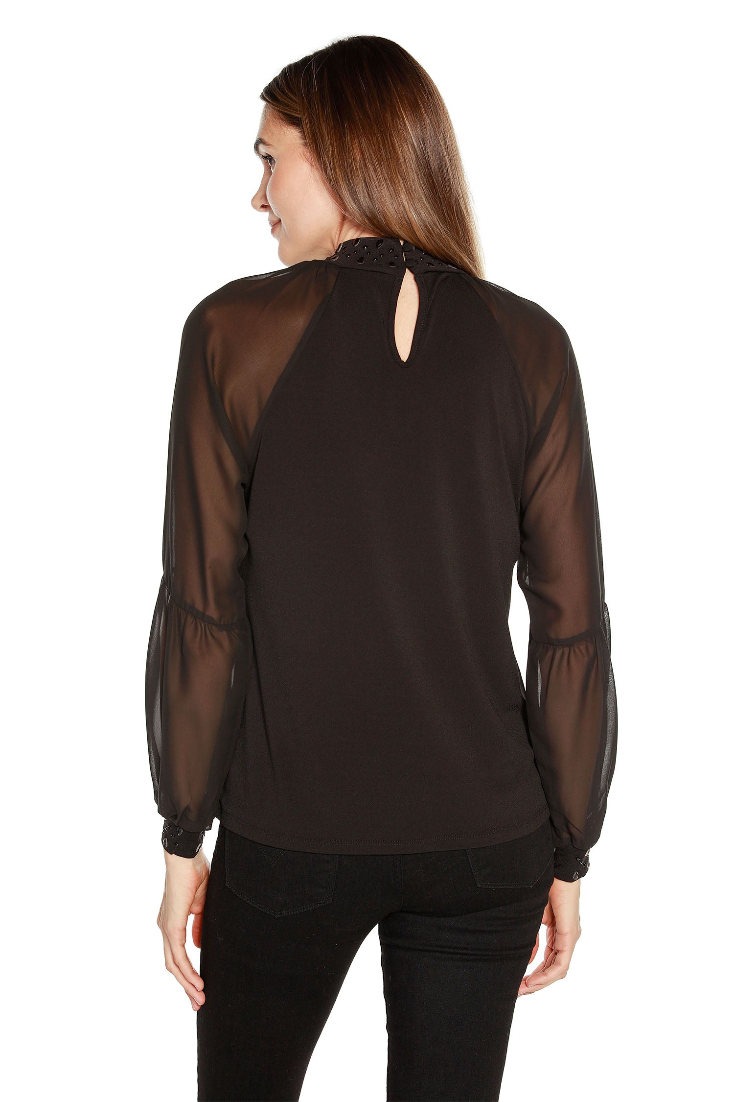 Women's Pullover Tunic with  Sheer Long Sleeves Jeweled Mock Neck and Front Keyhole