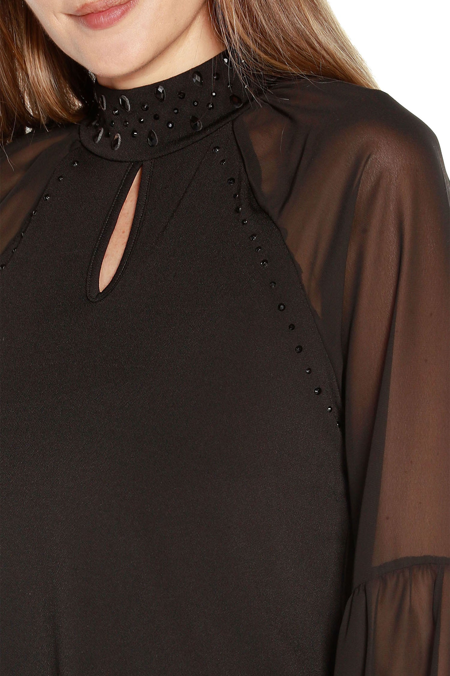 Túnica tipo jersey para mujer con mangas largas transparentes, cuello simulado y abertura frontal