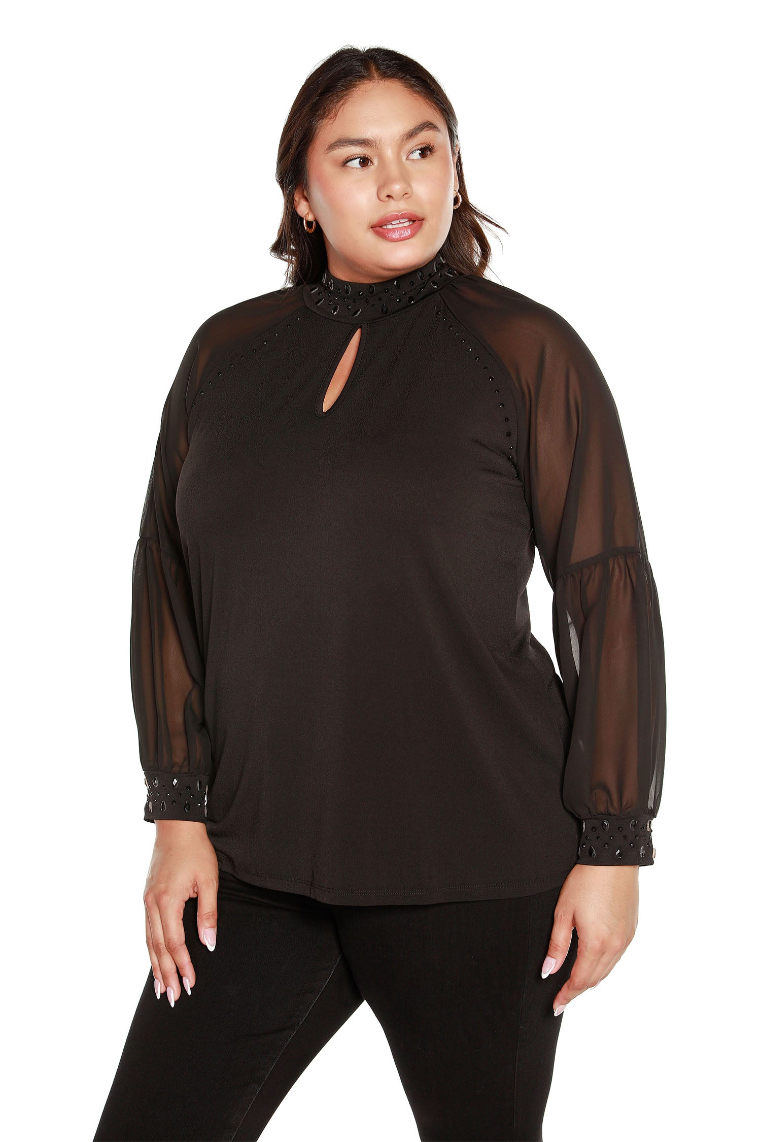 Women's Pullover Tunic with Sheer Long Sleeves Jeweled Mock Neck and Front Keyhole | Curvy