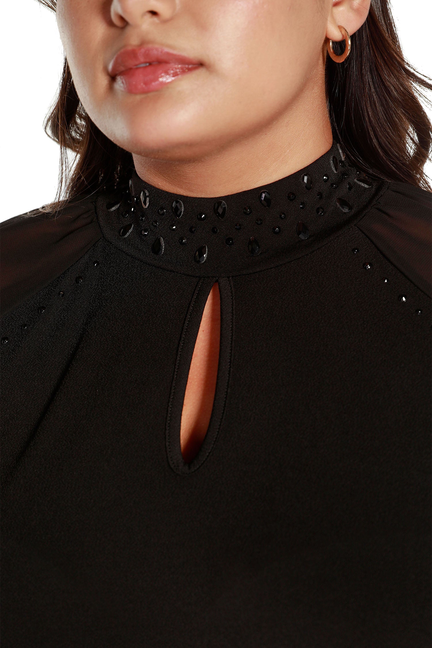 Túnica tipo jersey para mujer con mangas largas transparentes, cuello simulado enjoyado y abertura frontal para cerradura | con curvas