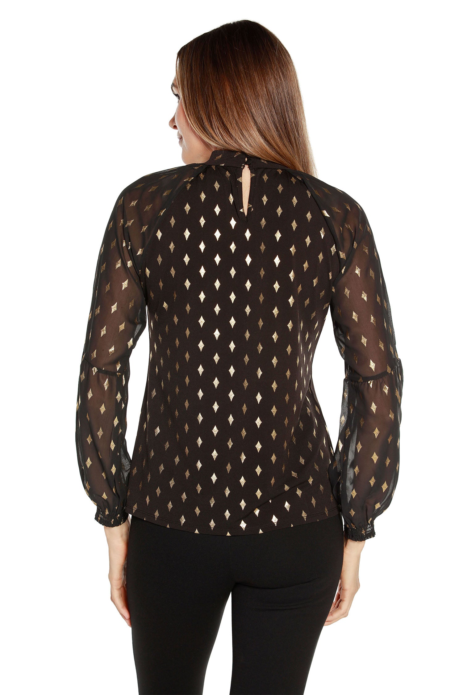 Women's Long Sleeve Tunic With Sheer Sleeves and Front Keyhole in a Gold Diamond Foil Print