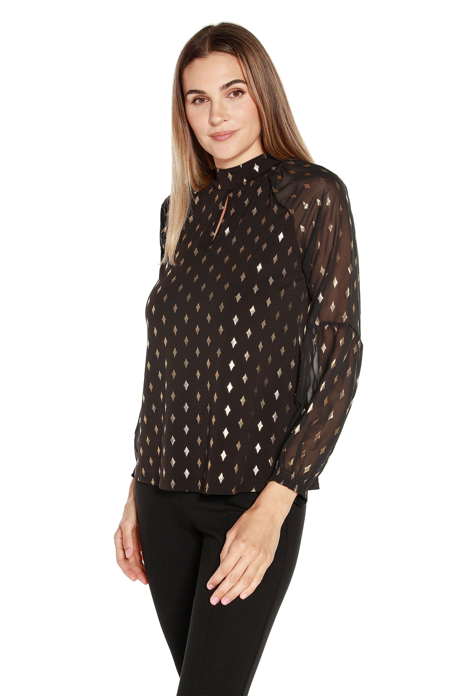 Women's Long Sleeve Tunic With Sheer Sleeves and Front Keyhole in a Gold Diamond Foil Print
