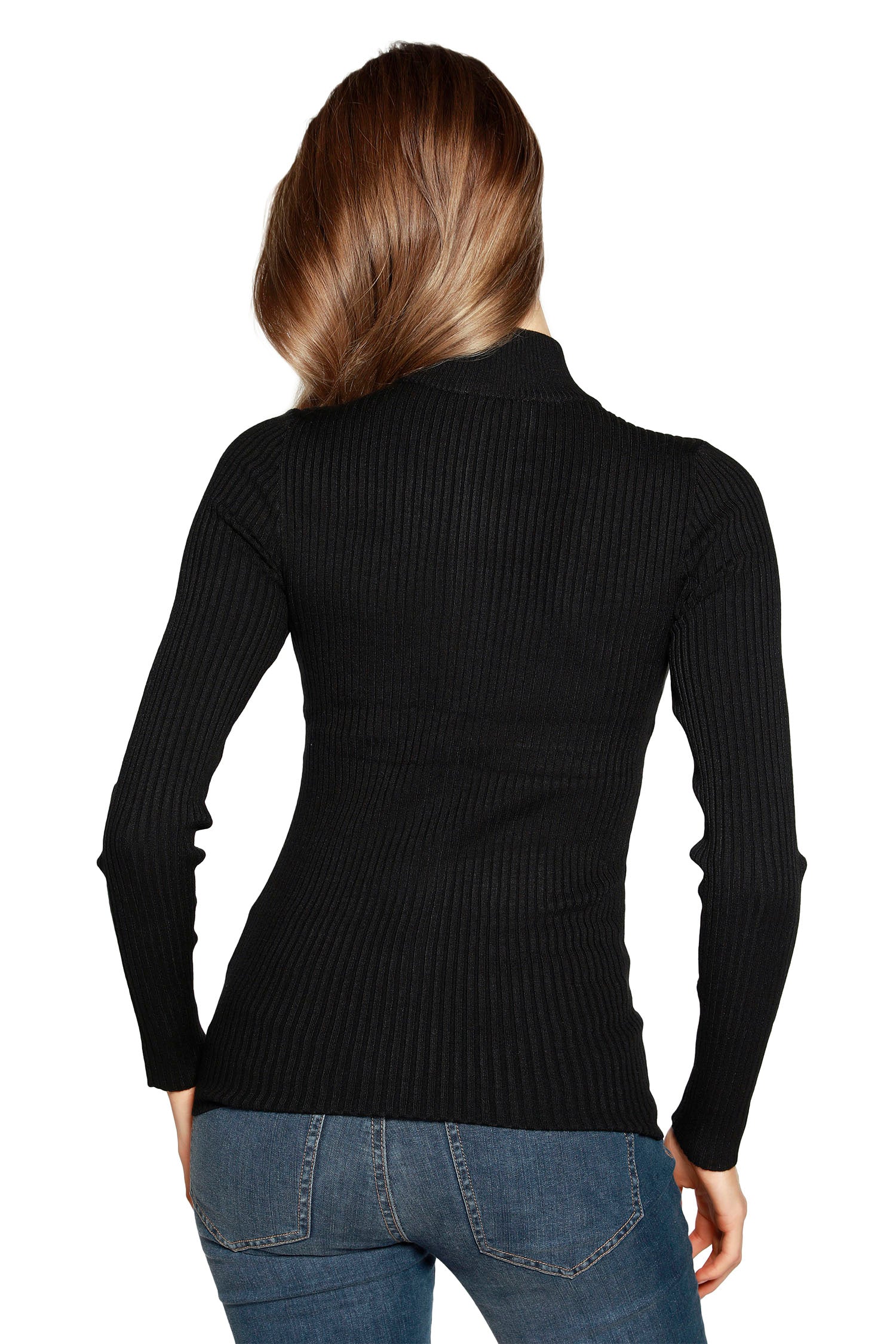 Women's Long Sleeve Mock Neck Ribbed Sweater with Diamond Zipper