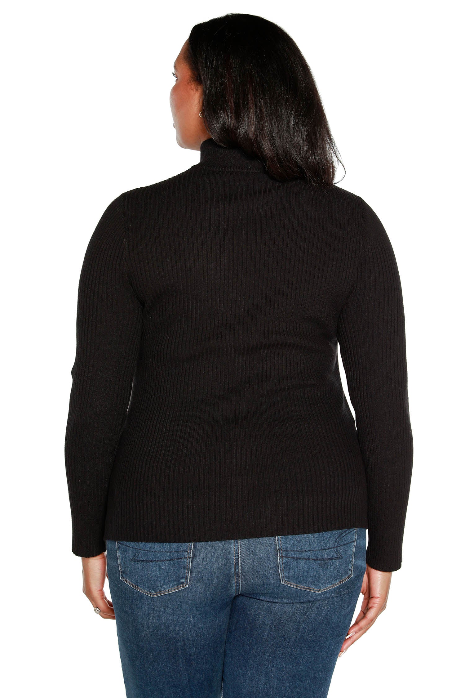 Suéter acanalado de manga larga con cuello simulado y cremallera de diamantes para mujer | con curvas