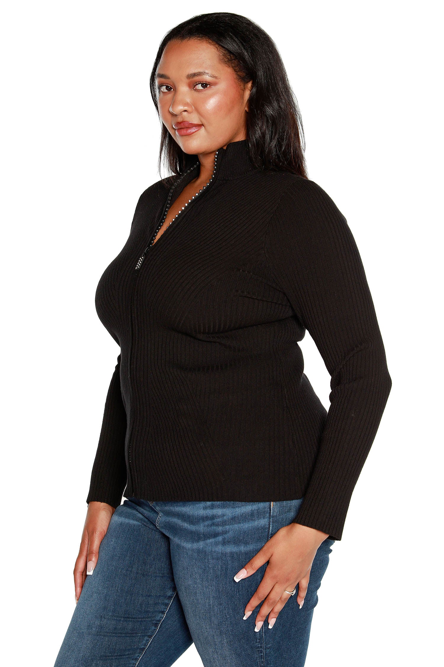 Women's Long Sleeve Mock Neck Ribbed Sweater with Diamond Zipper | Curvy
