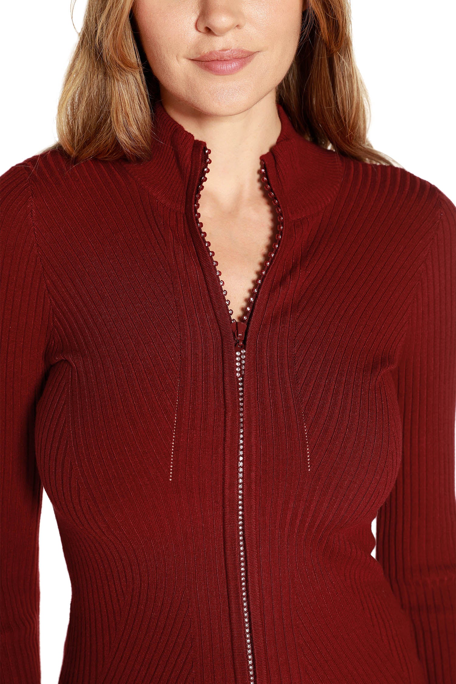 Women's Long Sleeve Mock Neck Ribbed Sweater with Diamond Zipper
