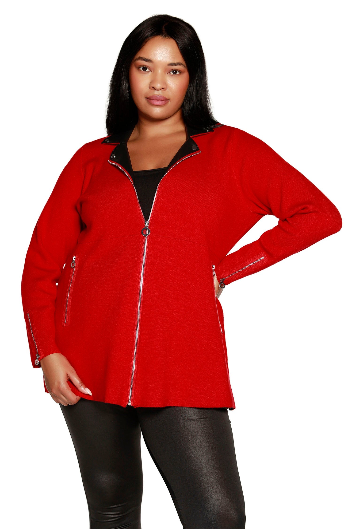 Women's Fit and Flare Jacket with Vegan Leather Trim and Pockets | Curvy