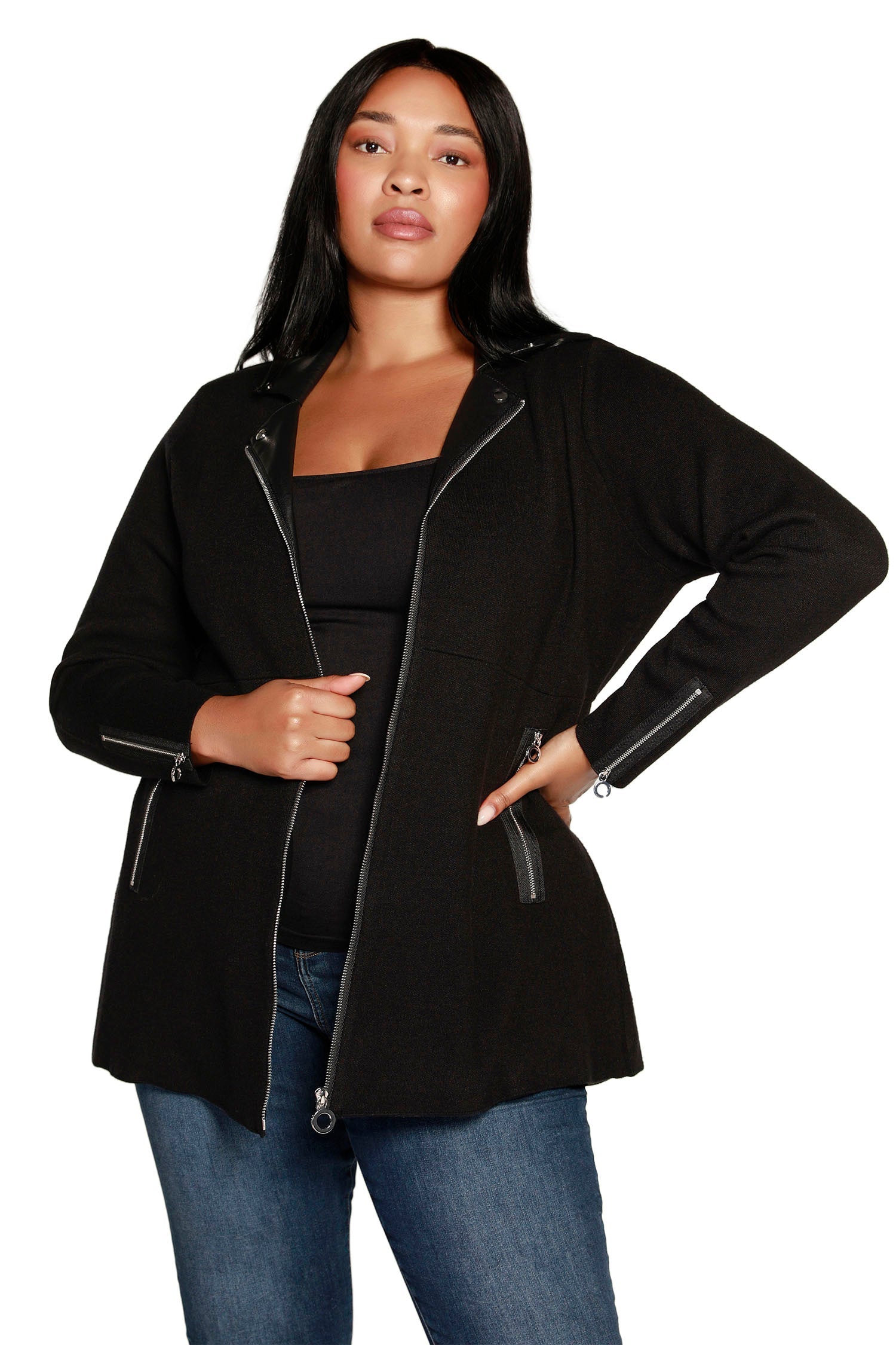Women's Fit and Flare Jacket with Vegan Leather Trim and Pockets | Curvy