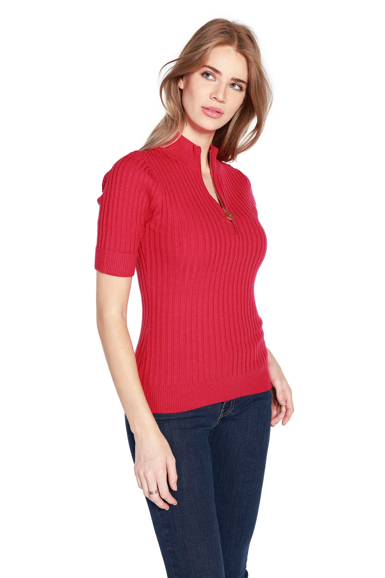 NEW COLORS Women's Pullover Sweater Top with Front Quarter Zip in a Ribbed Knit
