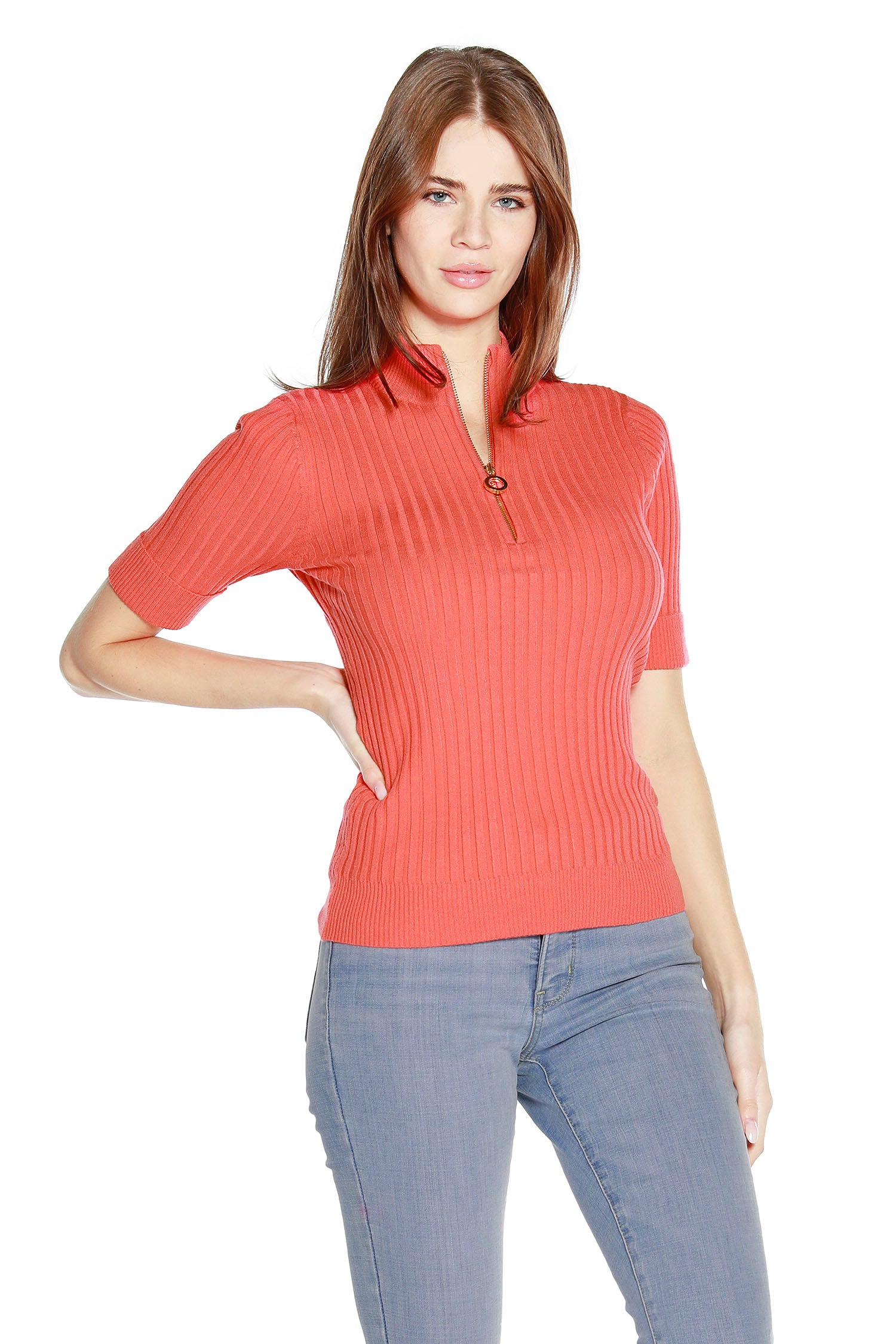 NEW COLORS Women's Pullover Sweater Top with Front Quarter Zip in a Ribbed Knit