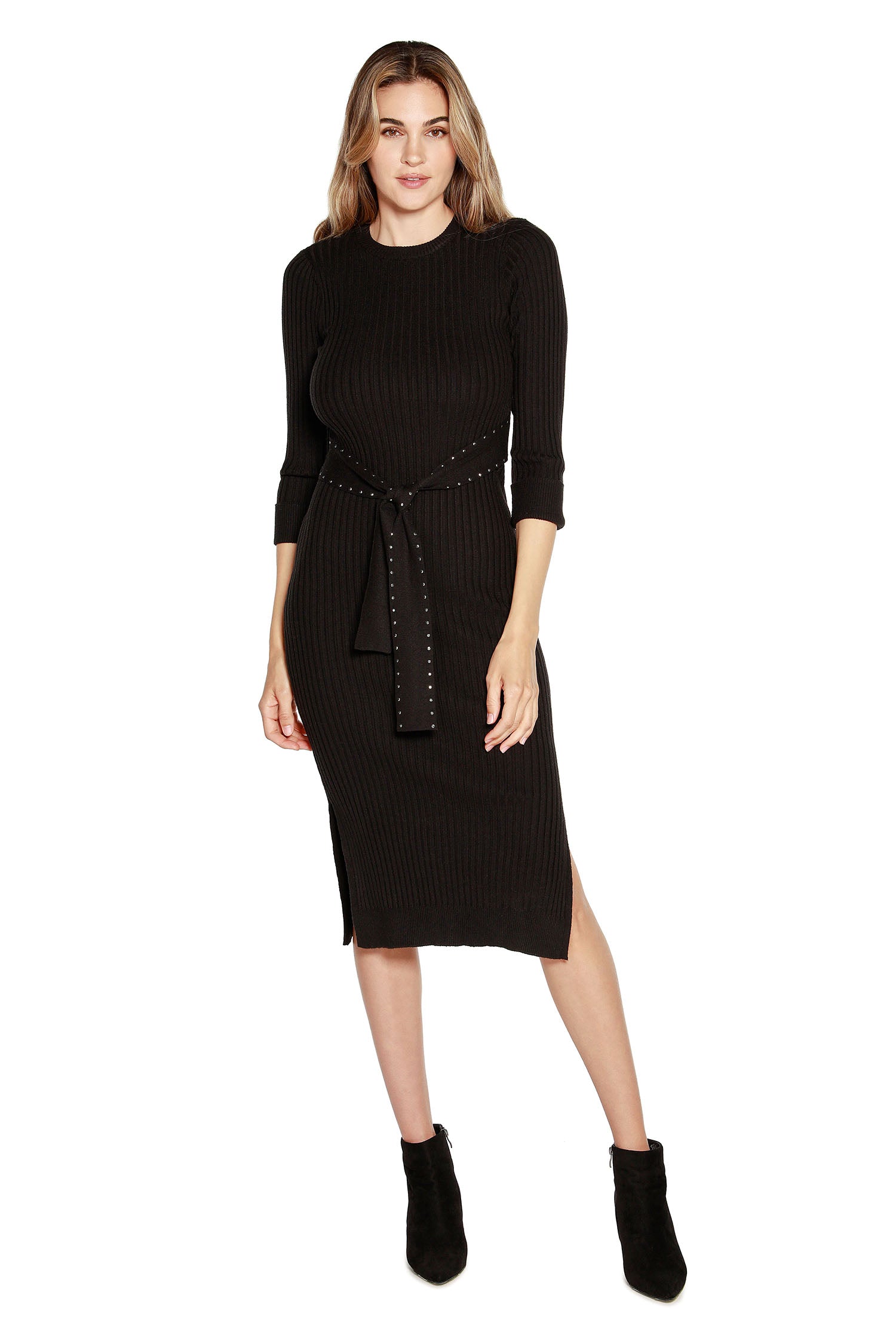 Women's Body Con Sweater Dress with 3/4 Sleeves and Embellished Belt