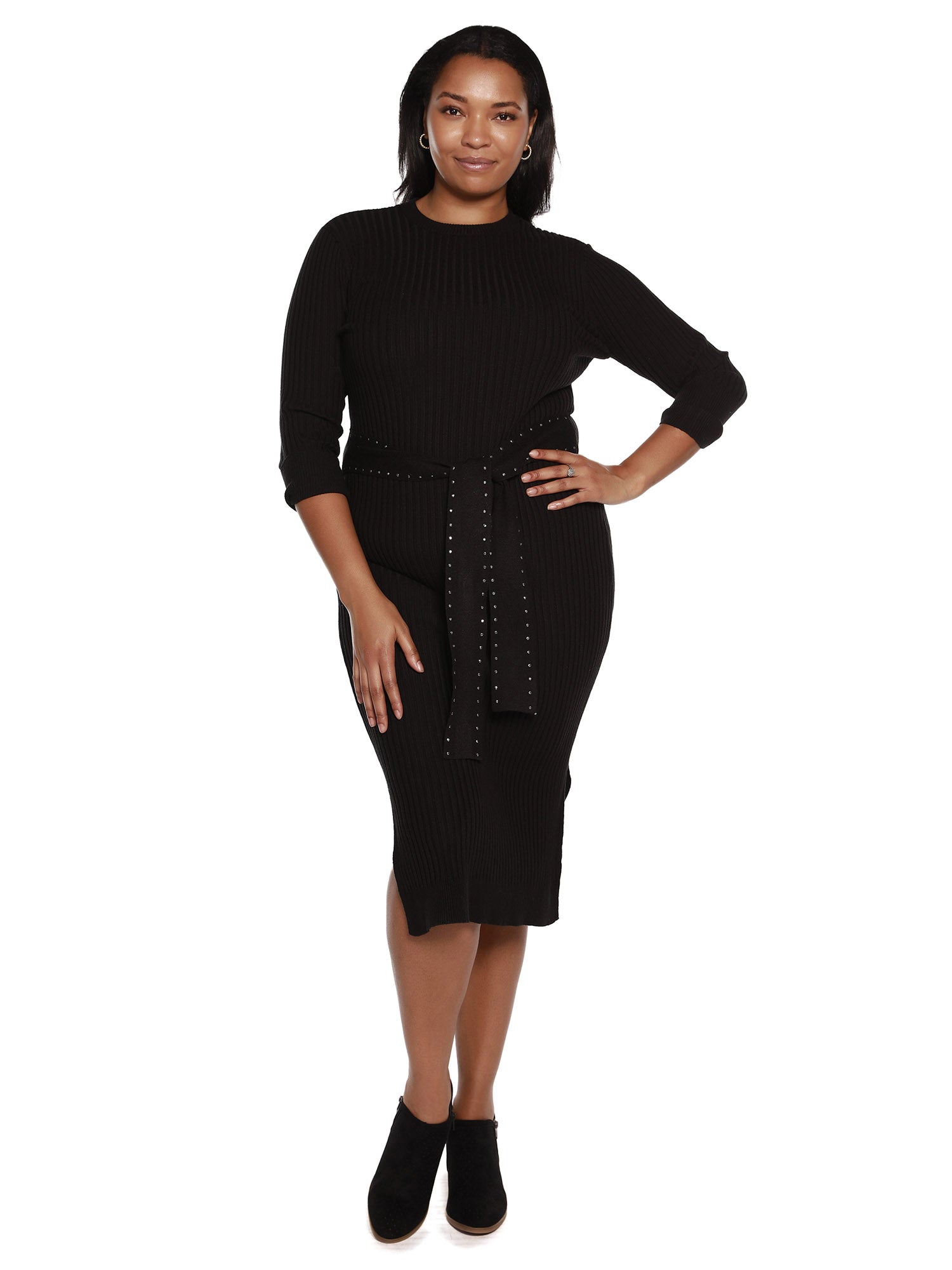 Women's Body Con Sweater Dress with 3/4 Sleeves and Embellished Belt | Curvy