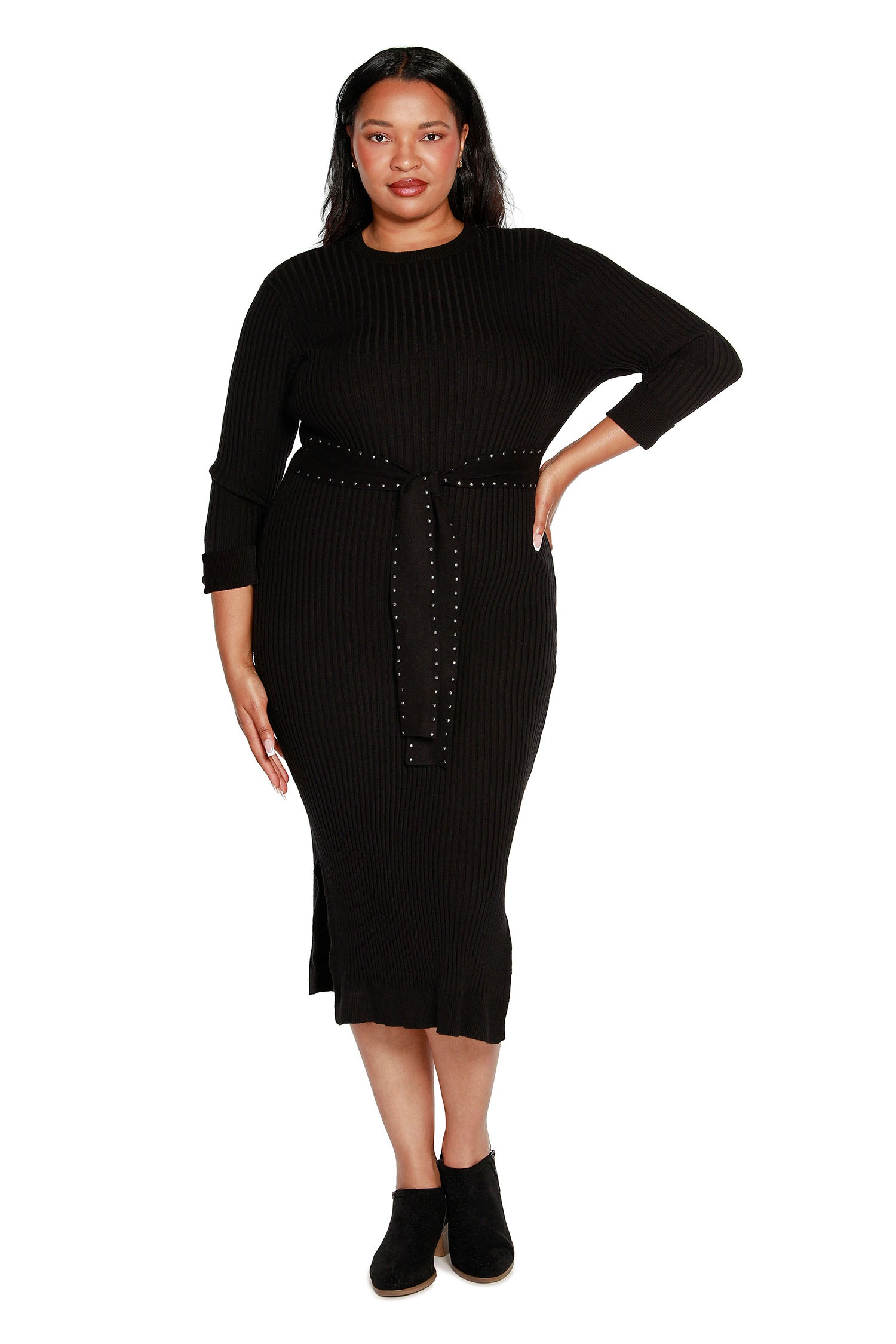 Women's Body Con Sweater Dress with 3/4 Sleeves and Embellished Belt | Curvy