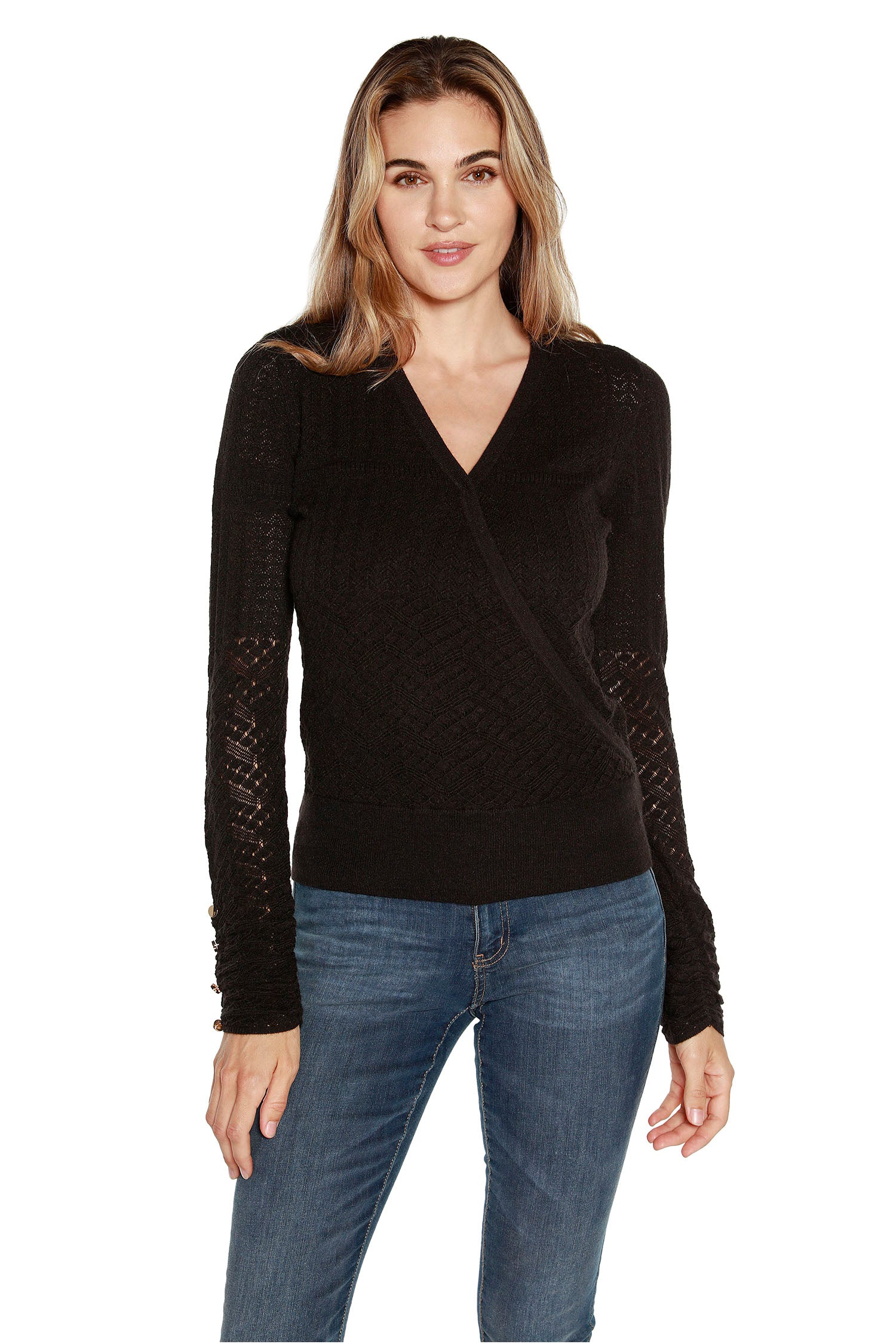 Women’s Surplice Faux Wrap Sweater with Pointelle and Ruched Sleeves