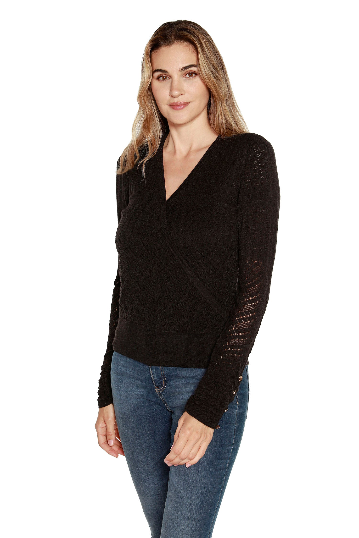 Women’s Surplice Faux Wrap Sweater with Pointelle and Ruched Sleeves