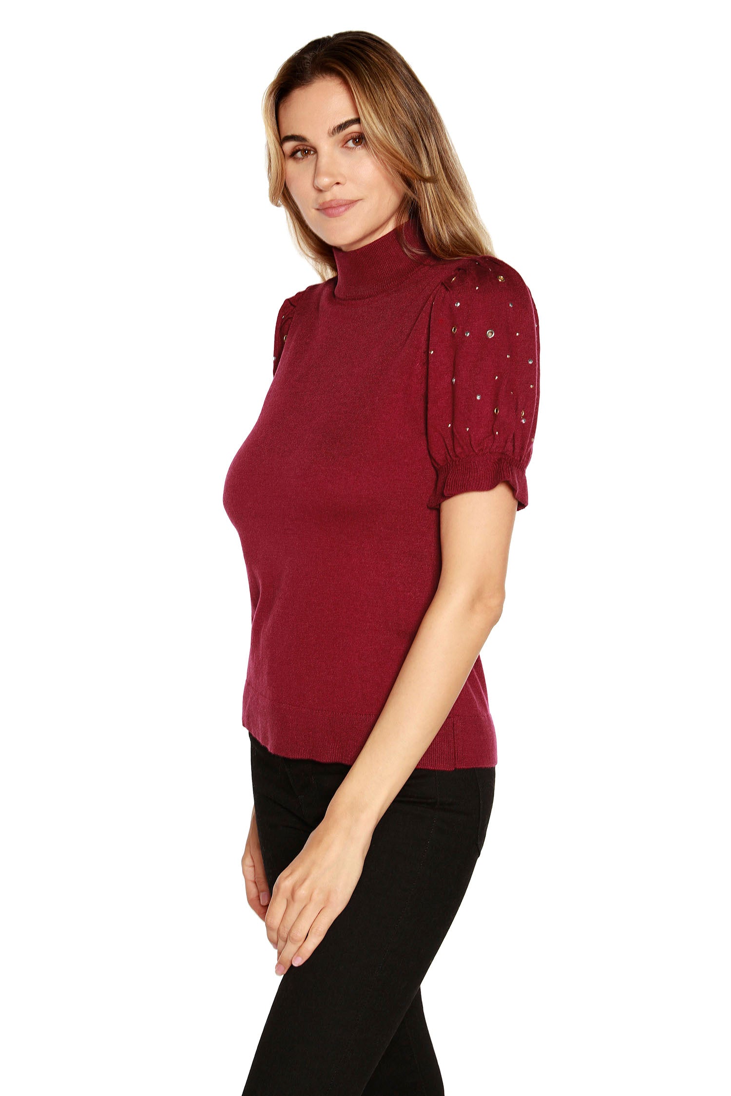 Women's Mock Neck Puff Sleeve Sweater with Grommet and Rhinestone Details