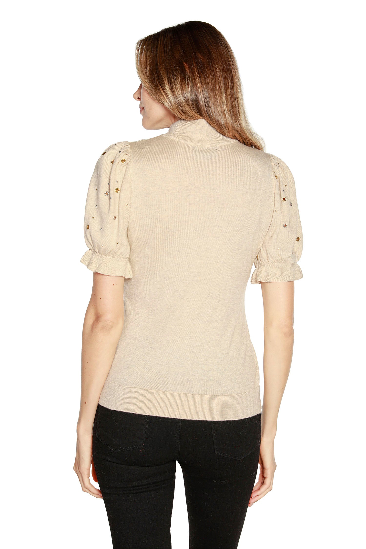 Women's Mock Neck Puff Sleeve Sweater with Grommet and Rhinestone Details