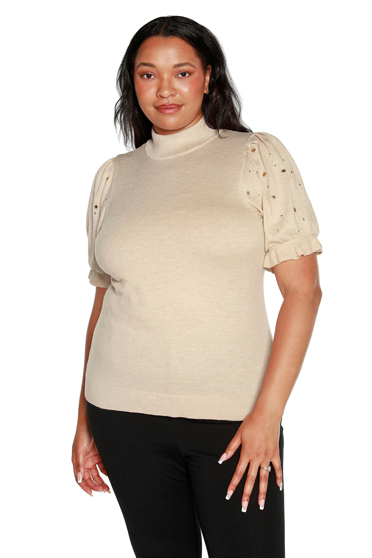 Women's Mock Neck Puff Sleeve Sweater with Grommet and Rhinestone Details | Curvy