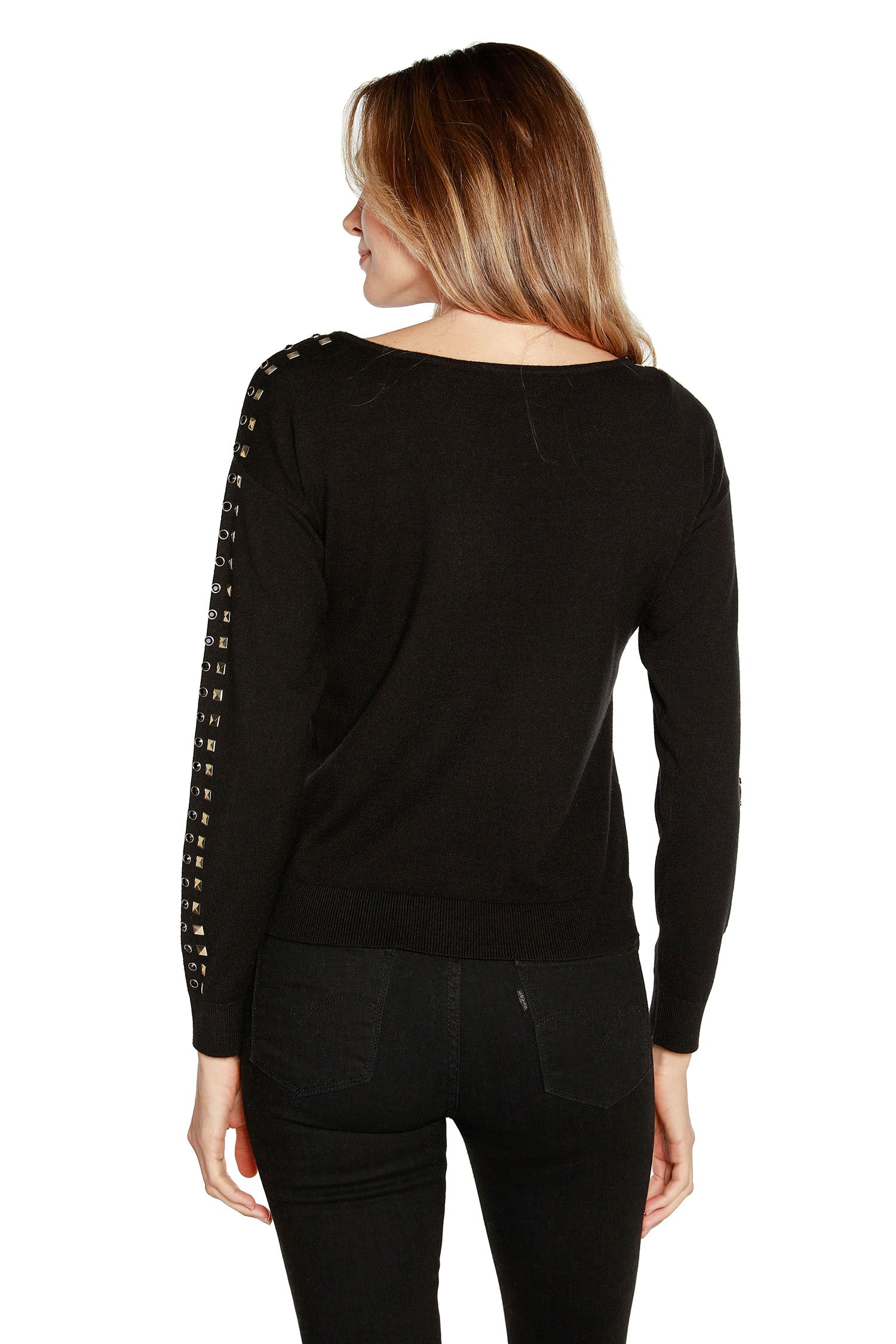 Women’s Lightweight Boat Neck Sweater with Rhinestones and Studs