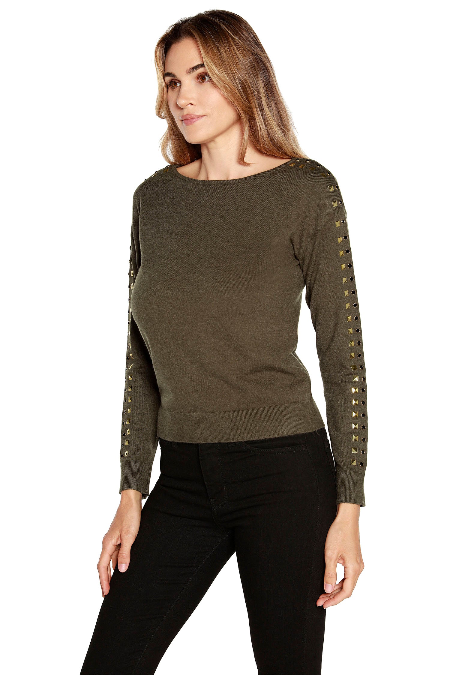 Women’s Lightweight Boat Neck Sweater with Rhinestones and Studs