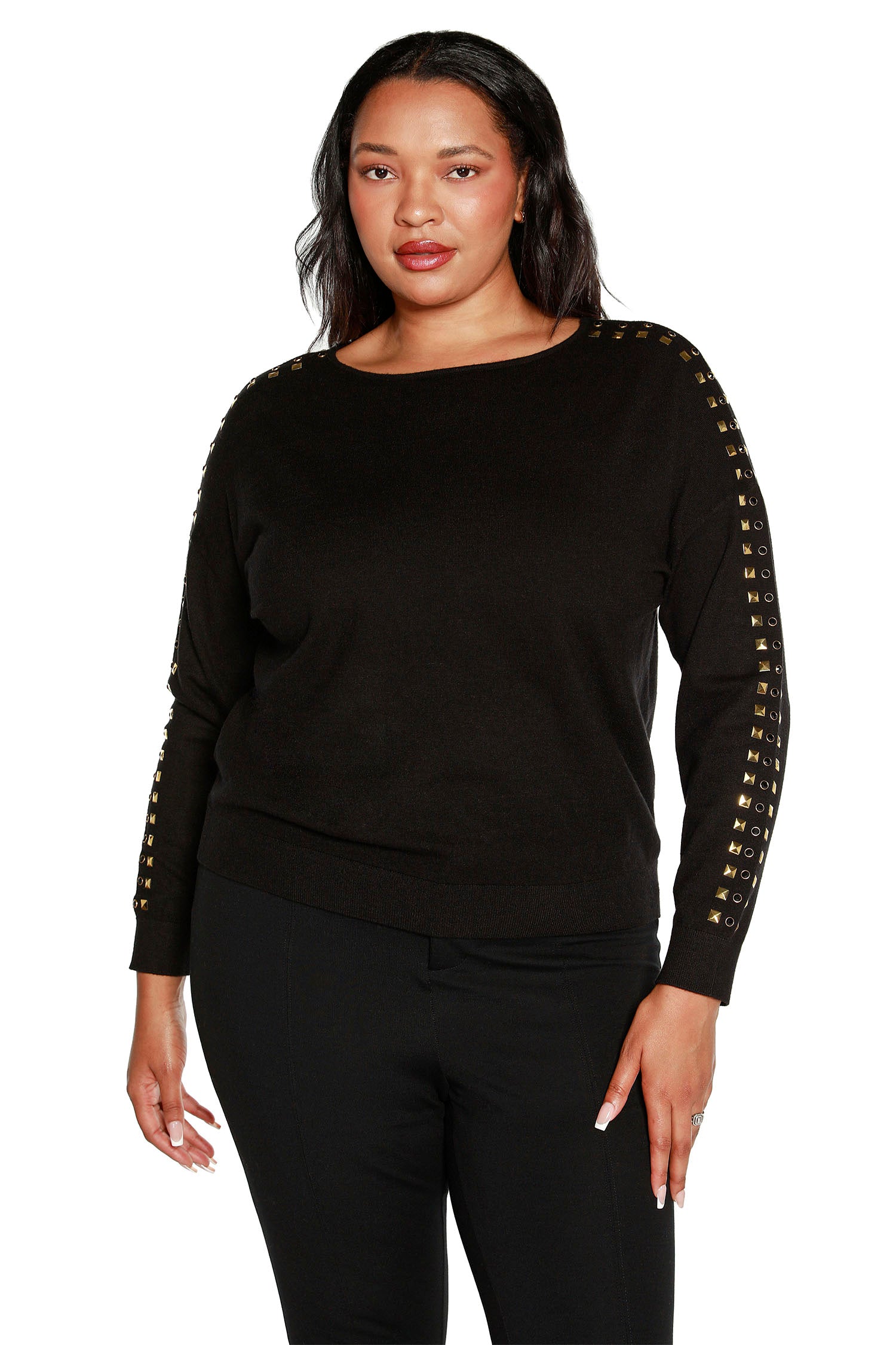 Women’s Lightweight Boat Neck Sweater with Rhinestones and Studs | Curvy