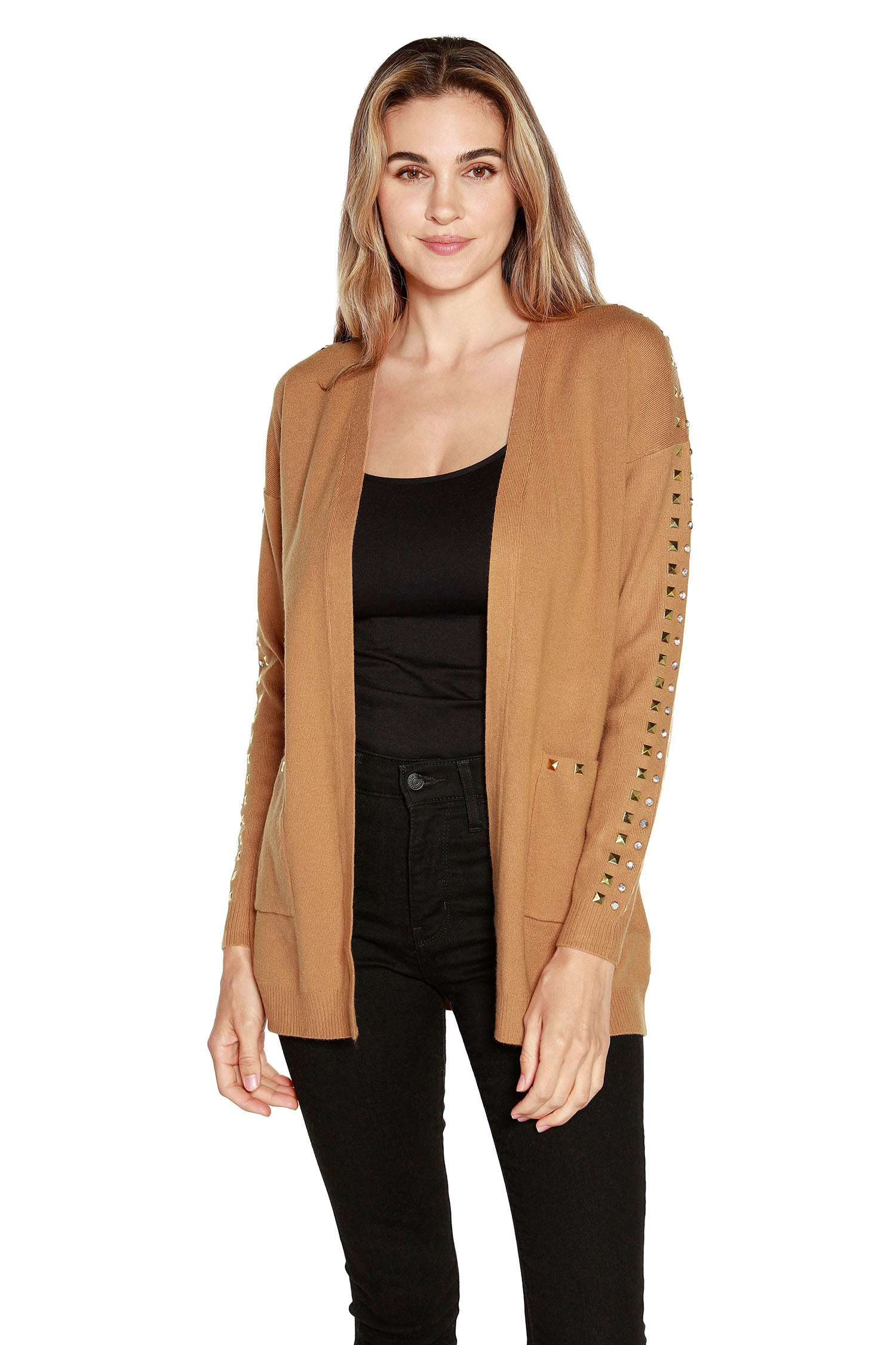 Women’s Lightweight Open Front Cardigan with Rhinestones, Studs and Patch Pockets