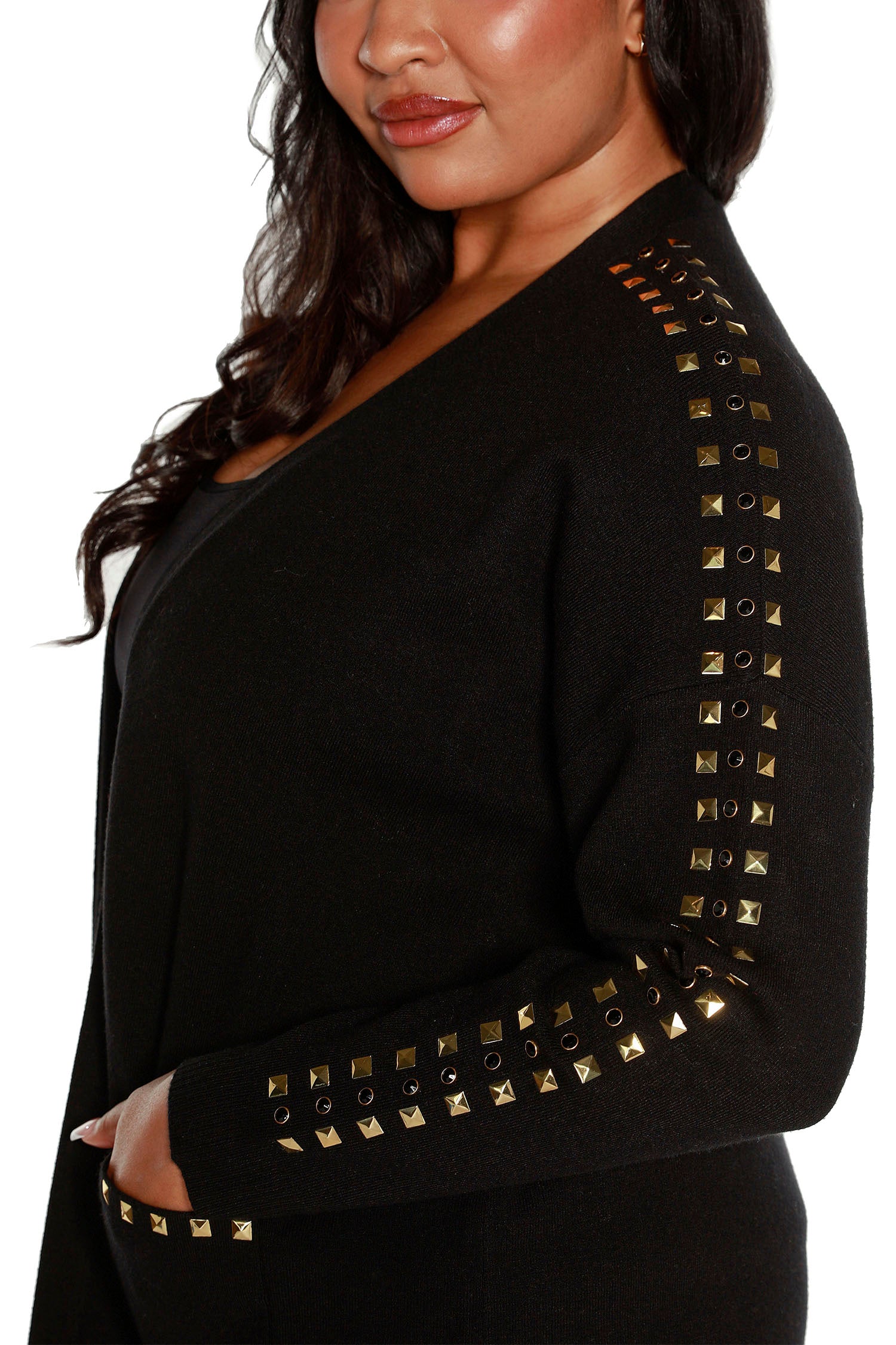 Women’s Lightweight Open Front Cardigan with Rhinestones, Studs and Patch Pockets | Curvy