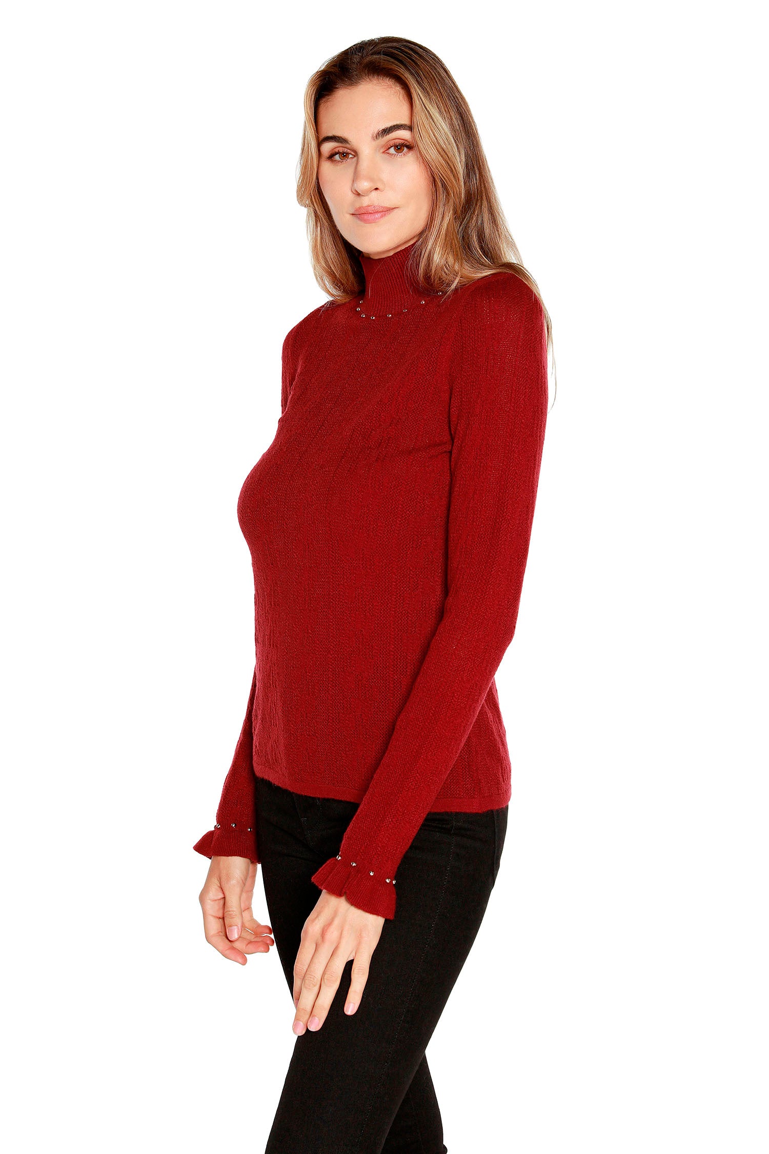 Women's Body Con Sweater with Ruffles and Nailheads