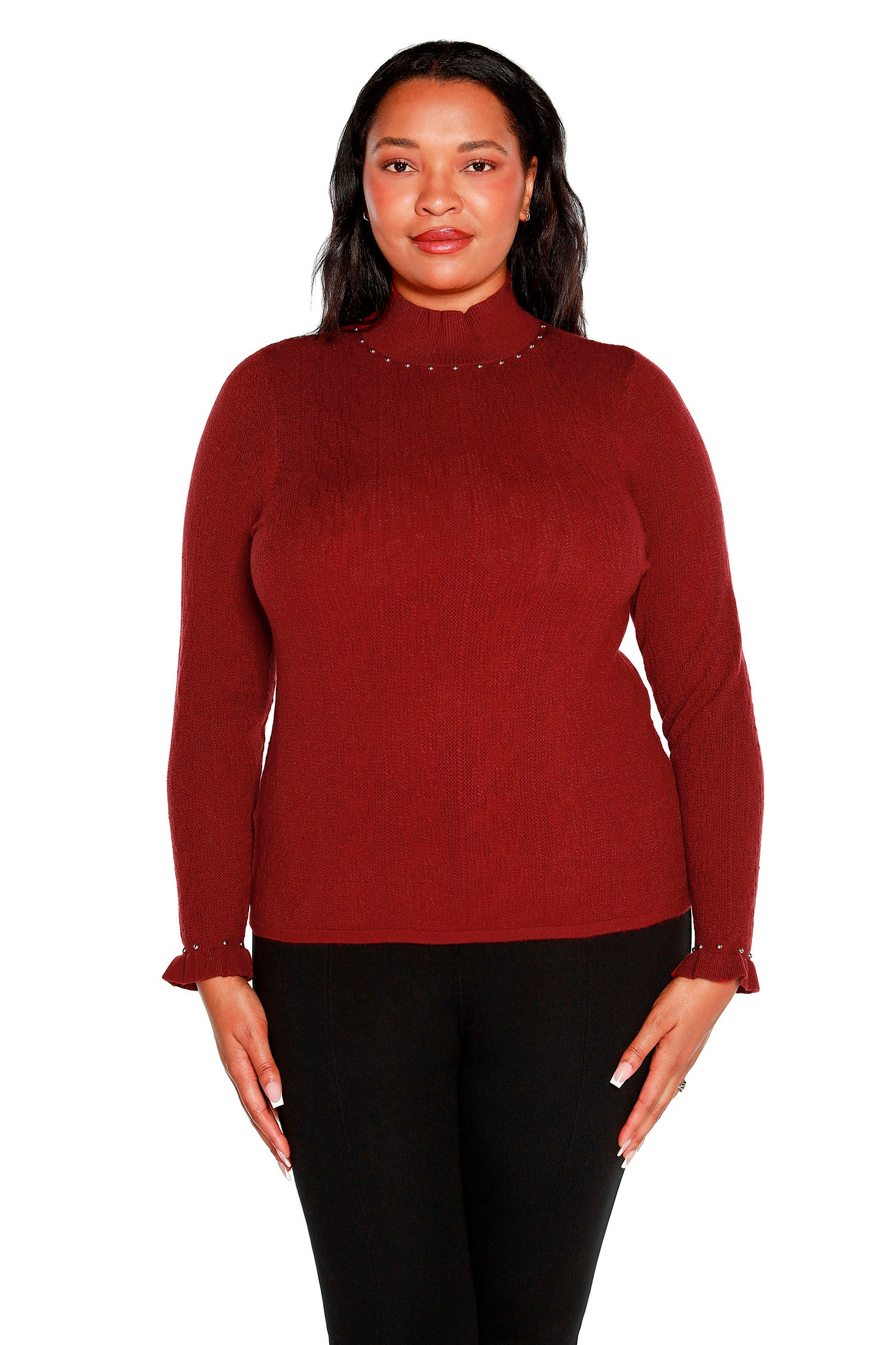 Women's Body Con Sweater with Ruffles and Nailheads | Curvy