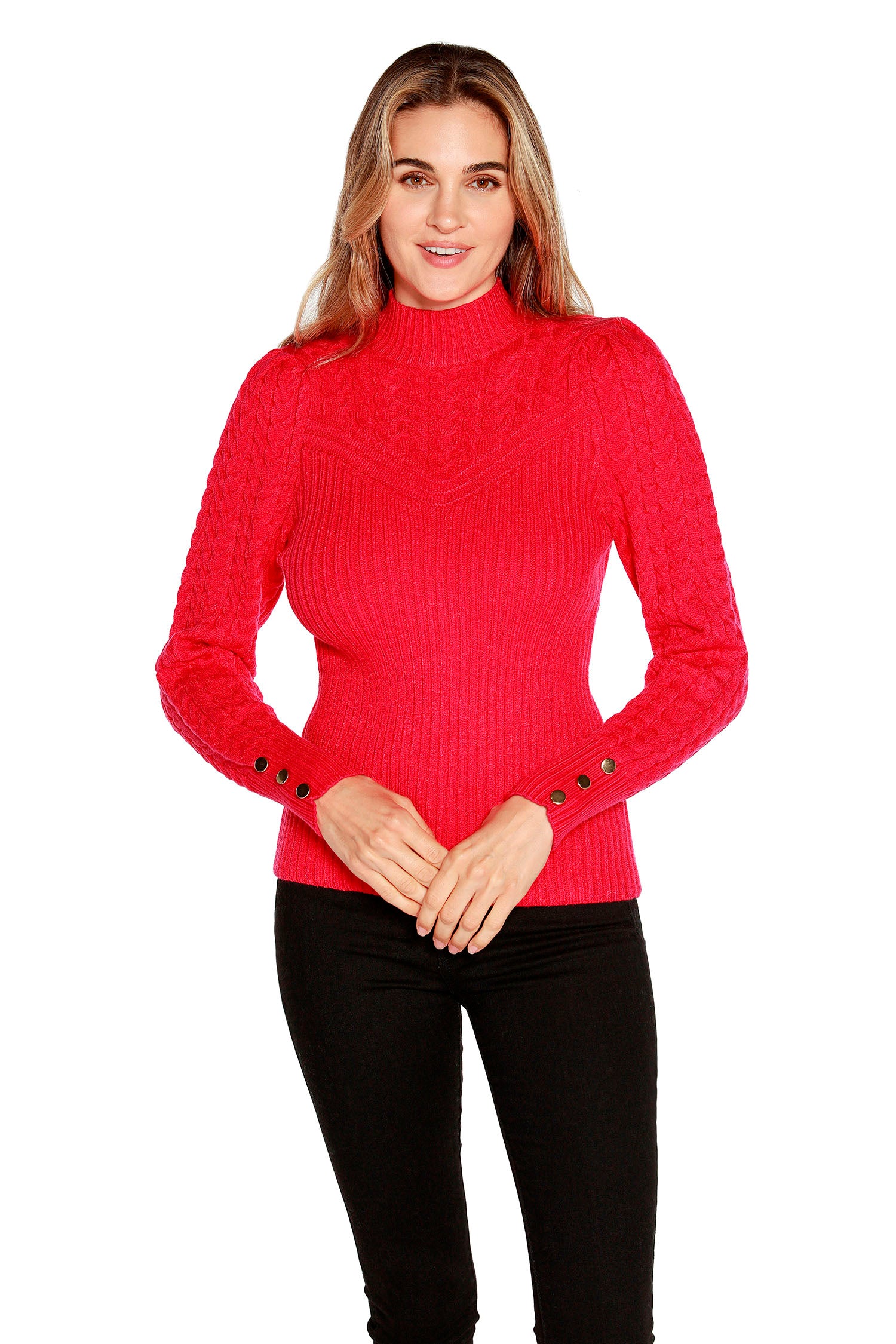 Women's Mock Neck Sweater with Sweetheart Cable Knit and Puff Bishop Sleeves