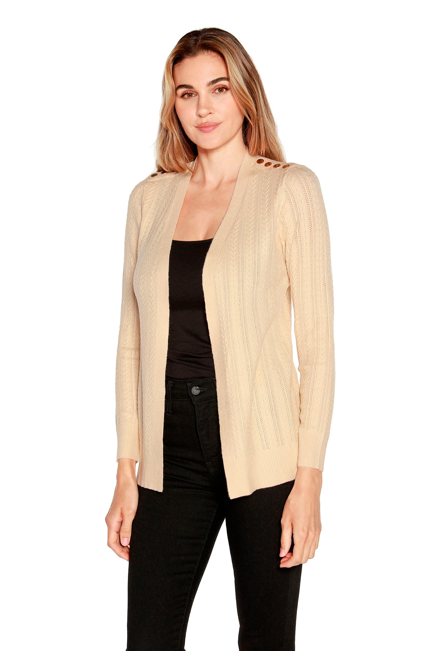Women's Open Front Pointelle Cardigan with Buttons at the Shoulders