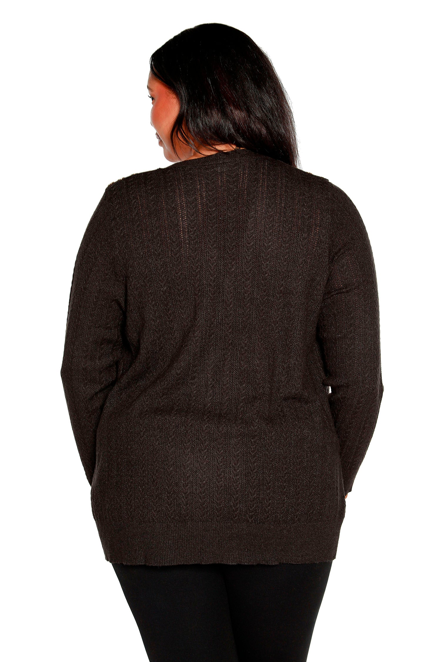 Women's Open Front Pointelle Cardigan with Buttons at the Shoulders | Curvy