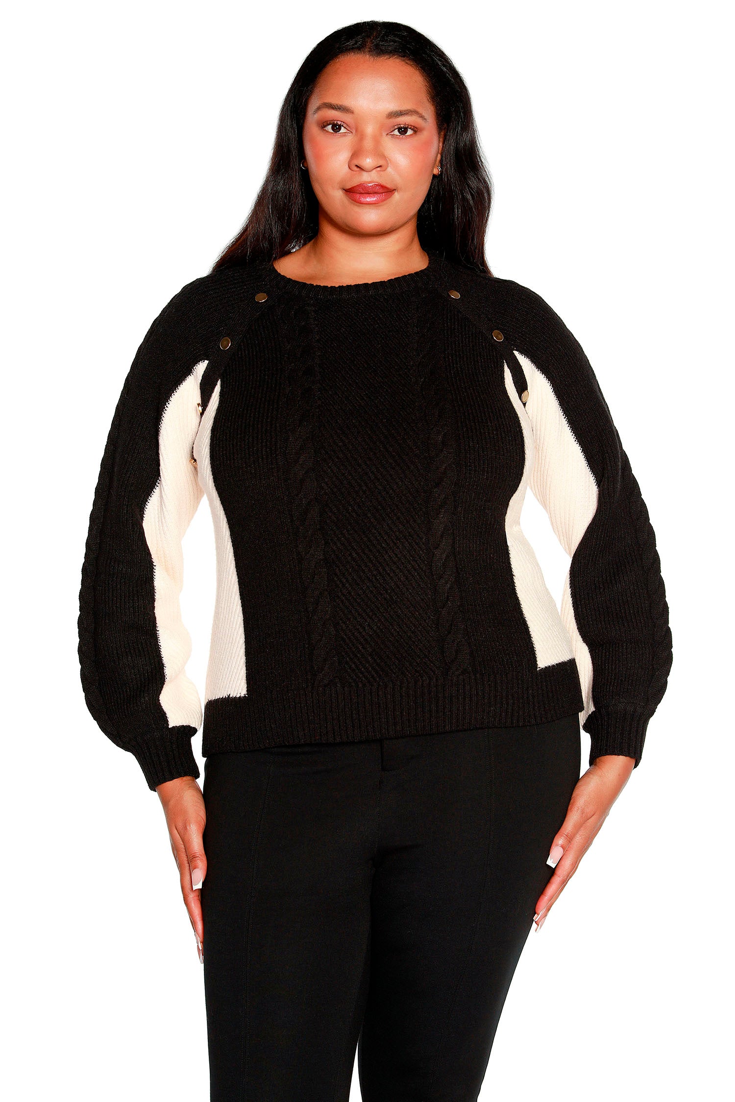 Women's Dramatic Color Blocked Sweater with Gold Button Detail | Curvy